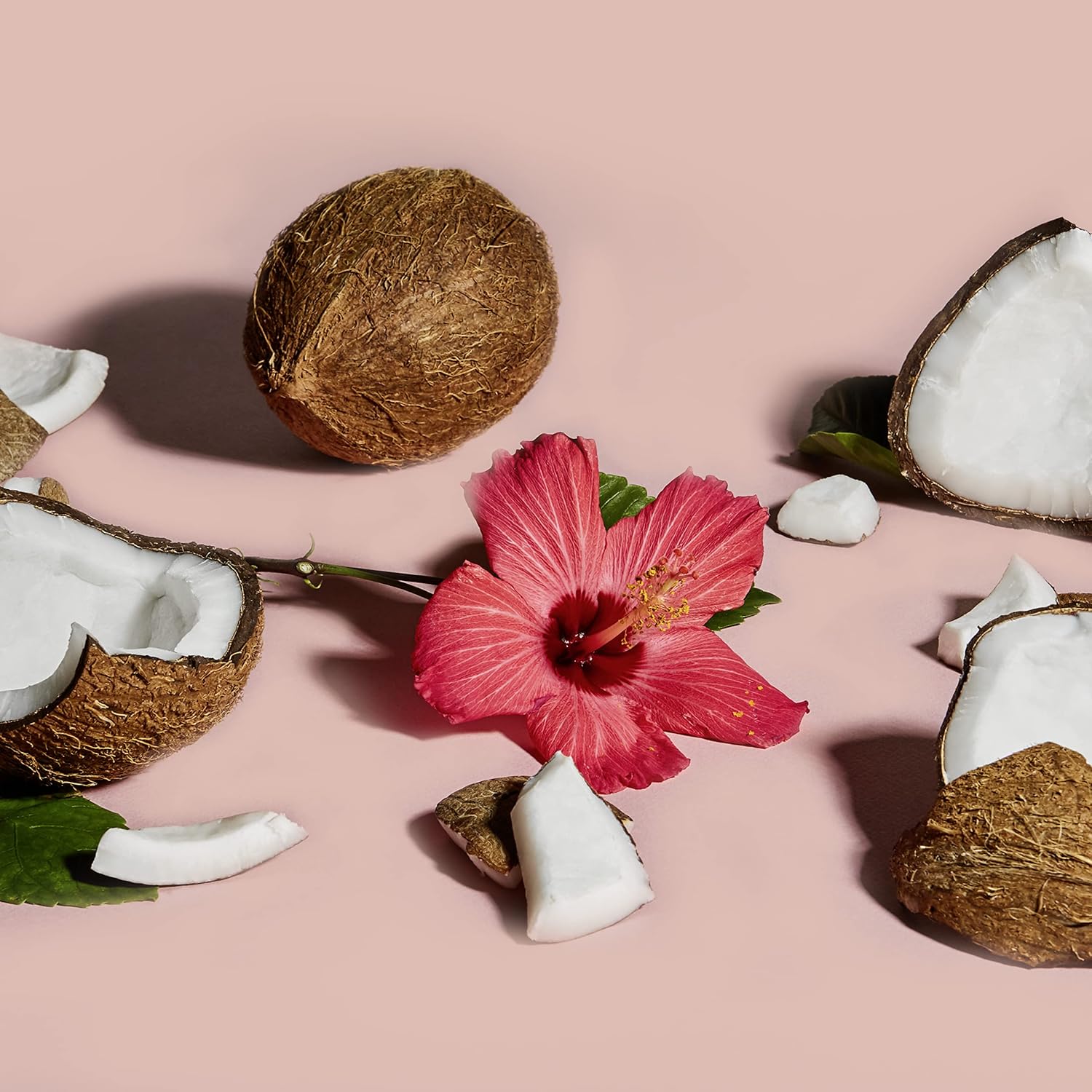 Showcases the natural, moisturizing ingredients in the product using coconut and flower visuals.