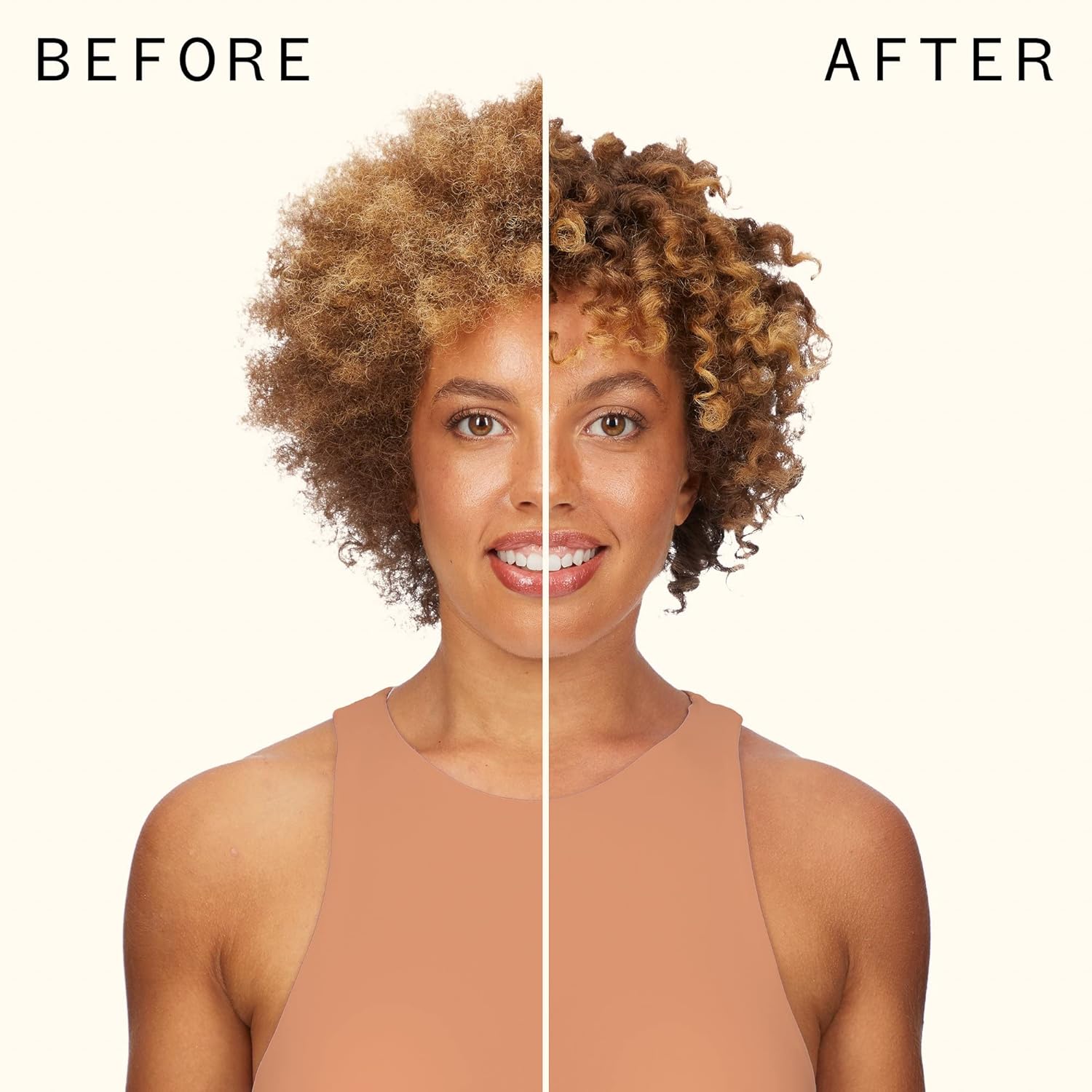 Visually demonstrates the transformative effect of the product on hair, showing improved curl definition and styling.