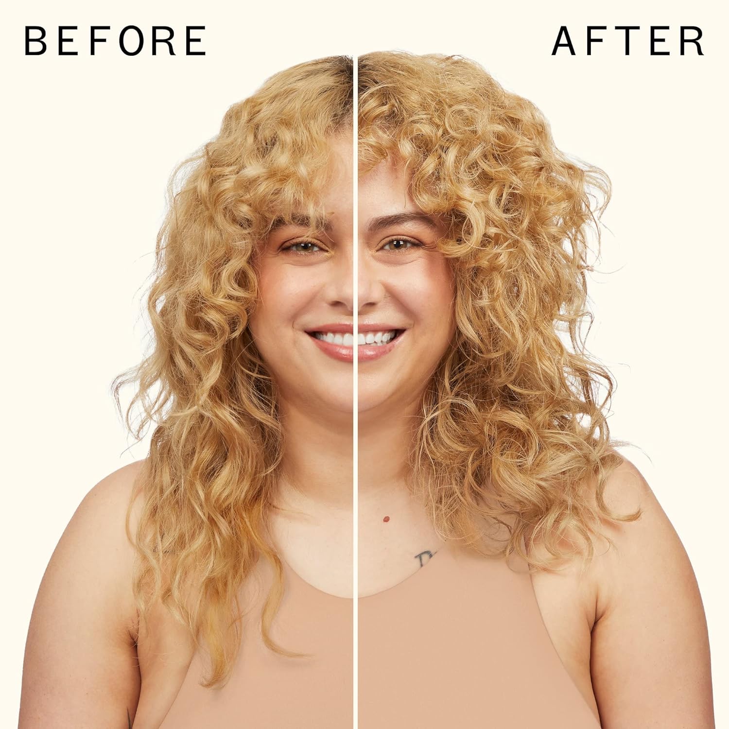 Demonstrates the product's ability to tame frizzy, unruly hair and achieve smooth, defined curls.