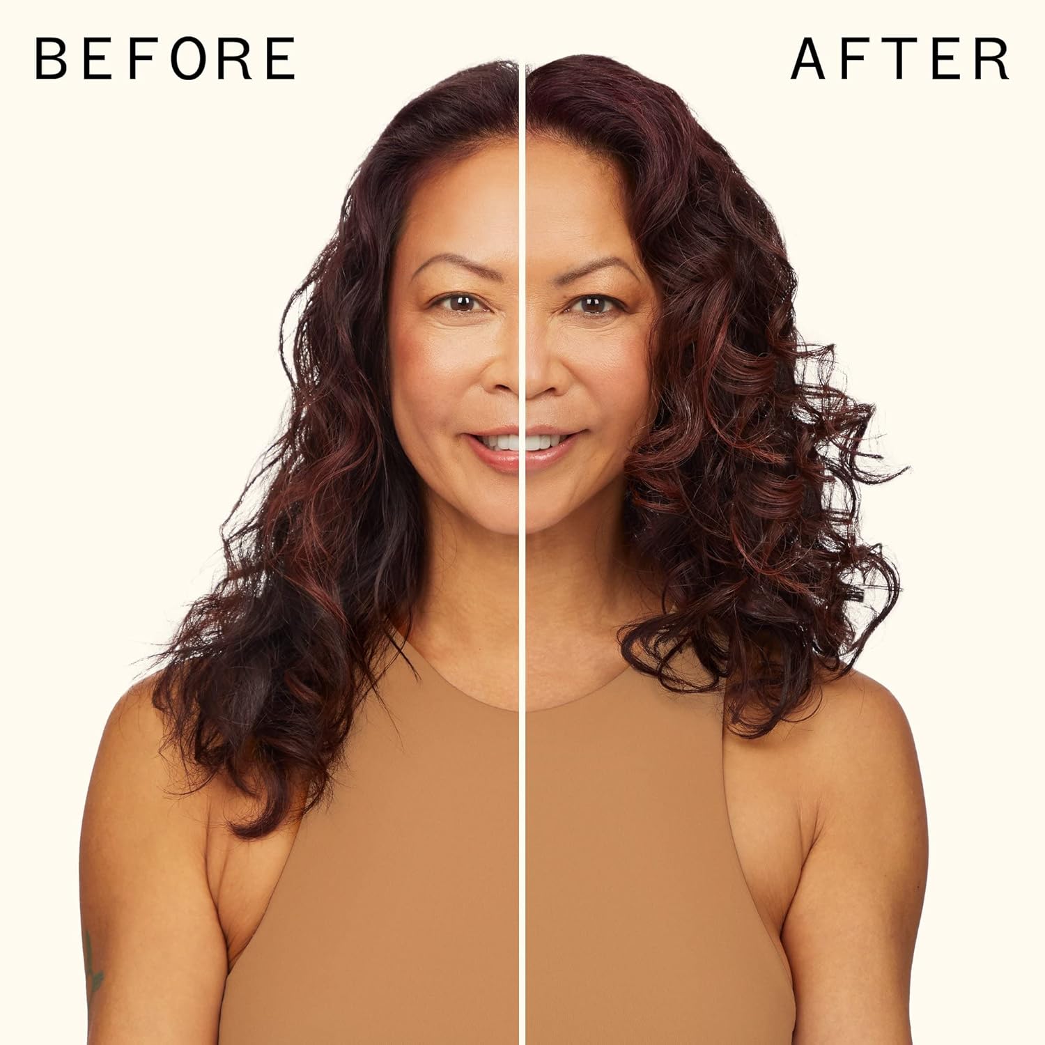Visually demonstrates the transformative results achieved by using the product on hair.
