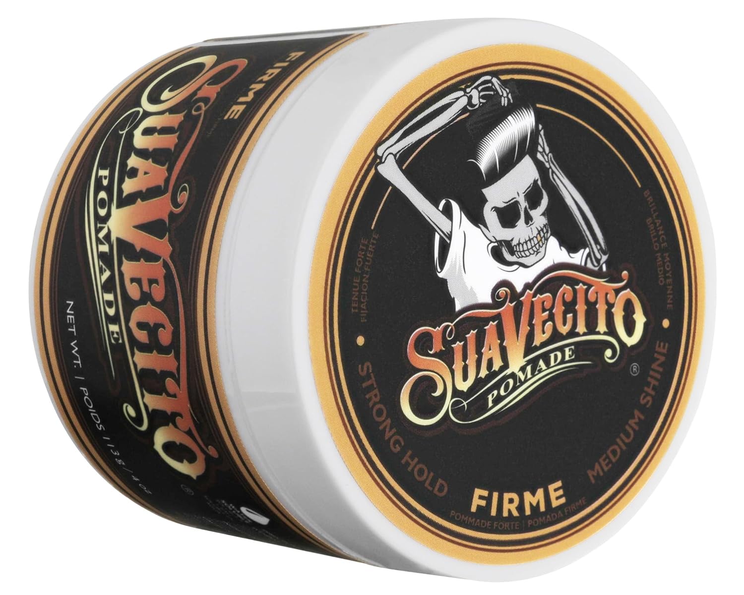 Emphasizes the Suavecito brand identity and positioning through bold skull imagery and product name.