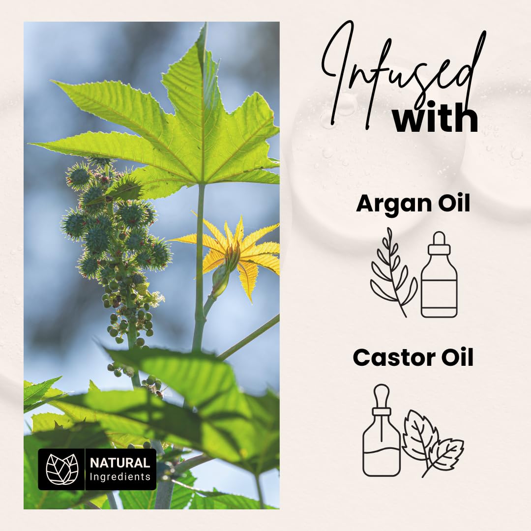 Highlights that the product contains natural ingredients like argan oil and castor oil, promoting it as a natural and beneficial choice.