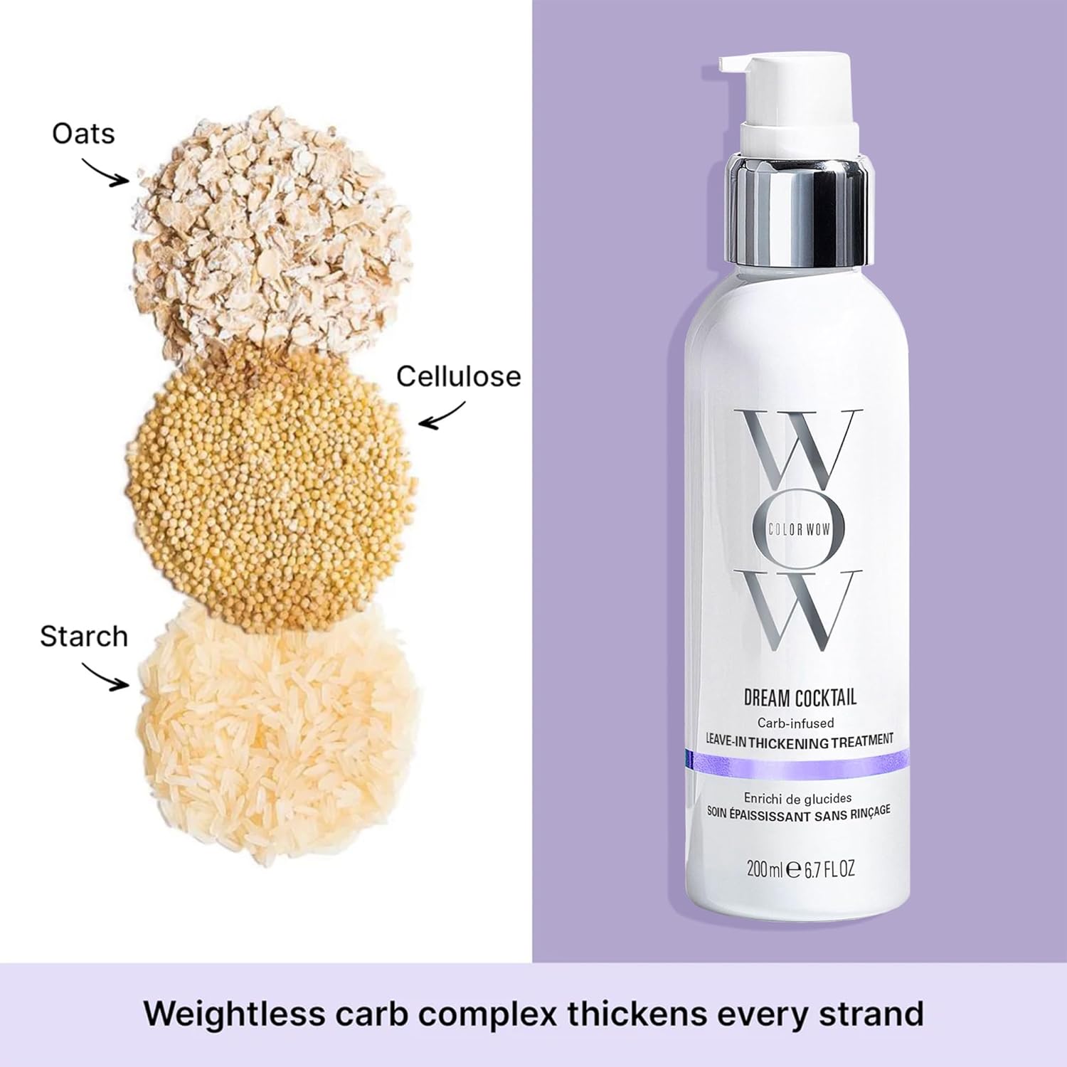 Highlights the key benefit of the product's carb-infused formula that thickens and adds volume to hair strands without weighing it down.