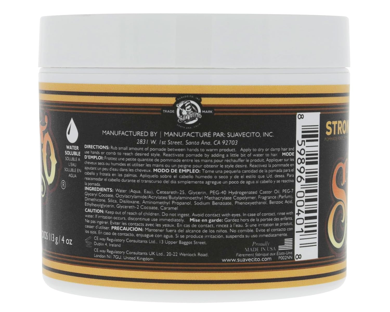 Shows the product ingredients, usage directions, and caution statements to inform customers about what the product contains and how to use it safely.