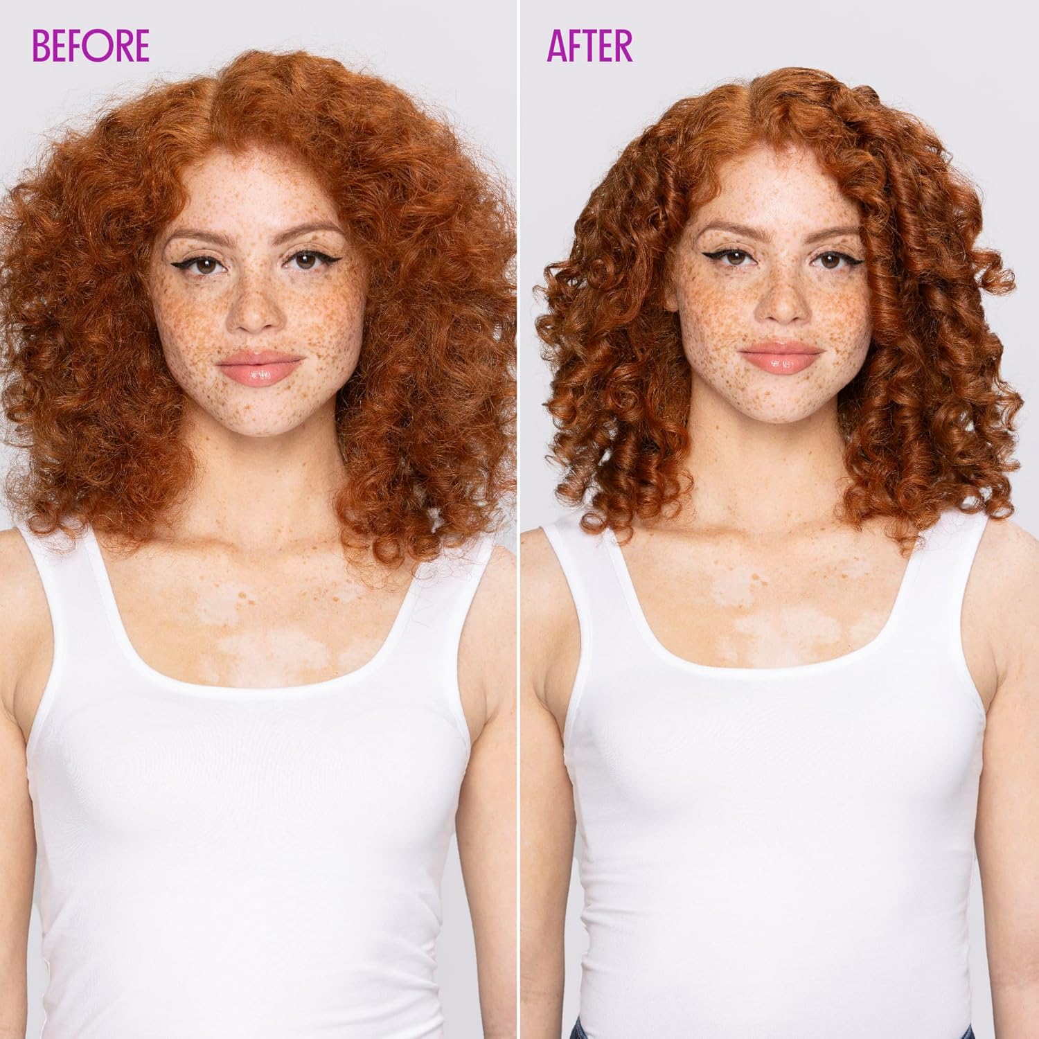 Visually demonstrates the product's ability to tame frizz and enhance curl definition for curly hair.