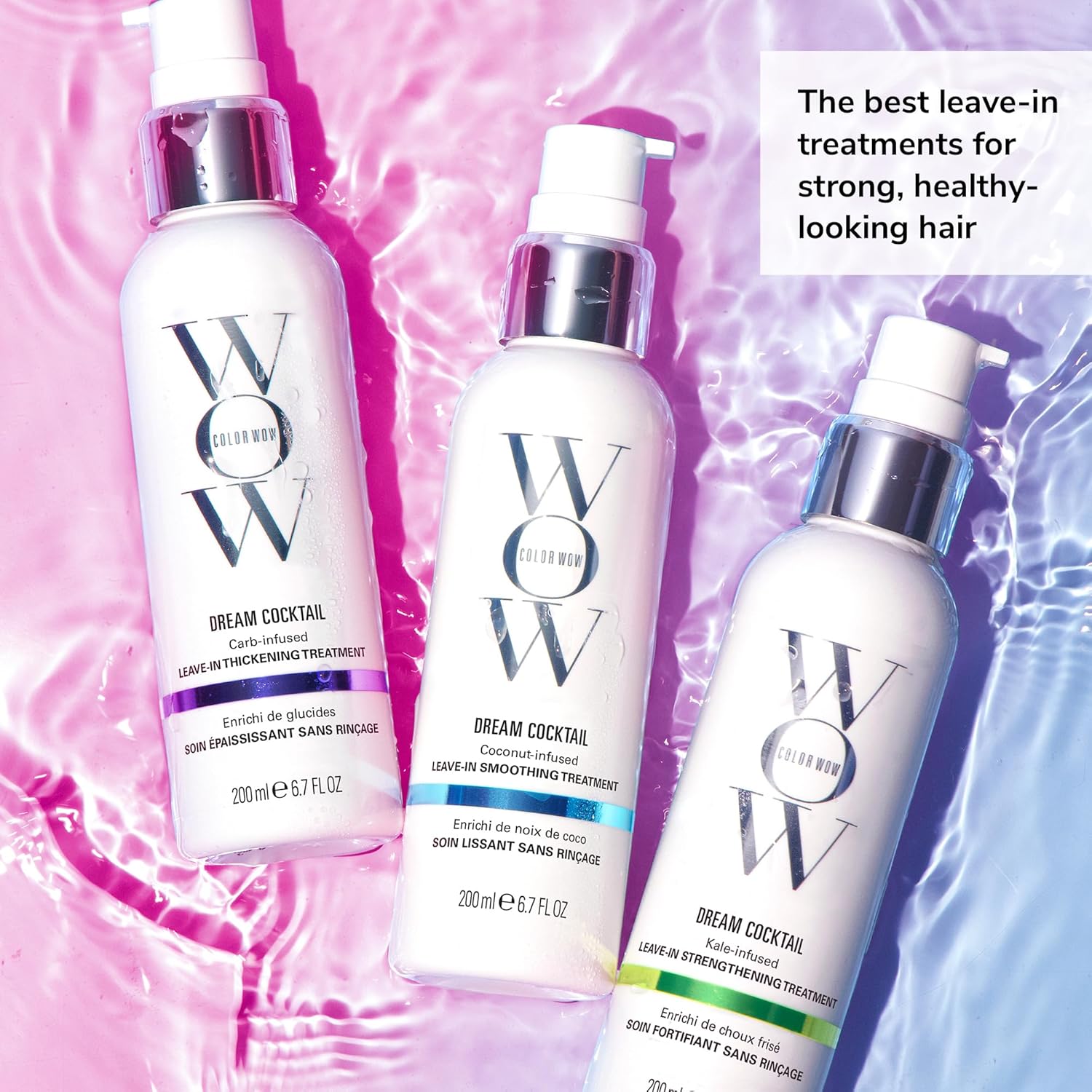 Shows the different leave-in hair treatment products included in the line, highlighting their benefits for strong, healthy hair.