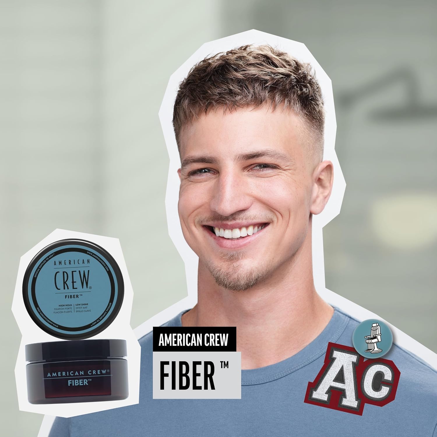 Emphasizes the American Crew brand and its Fiber hair product through prominent branding elements and product shots.
