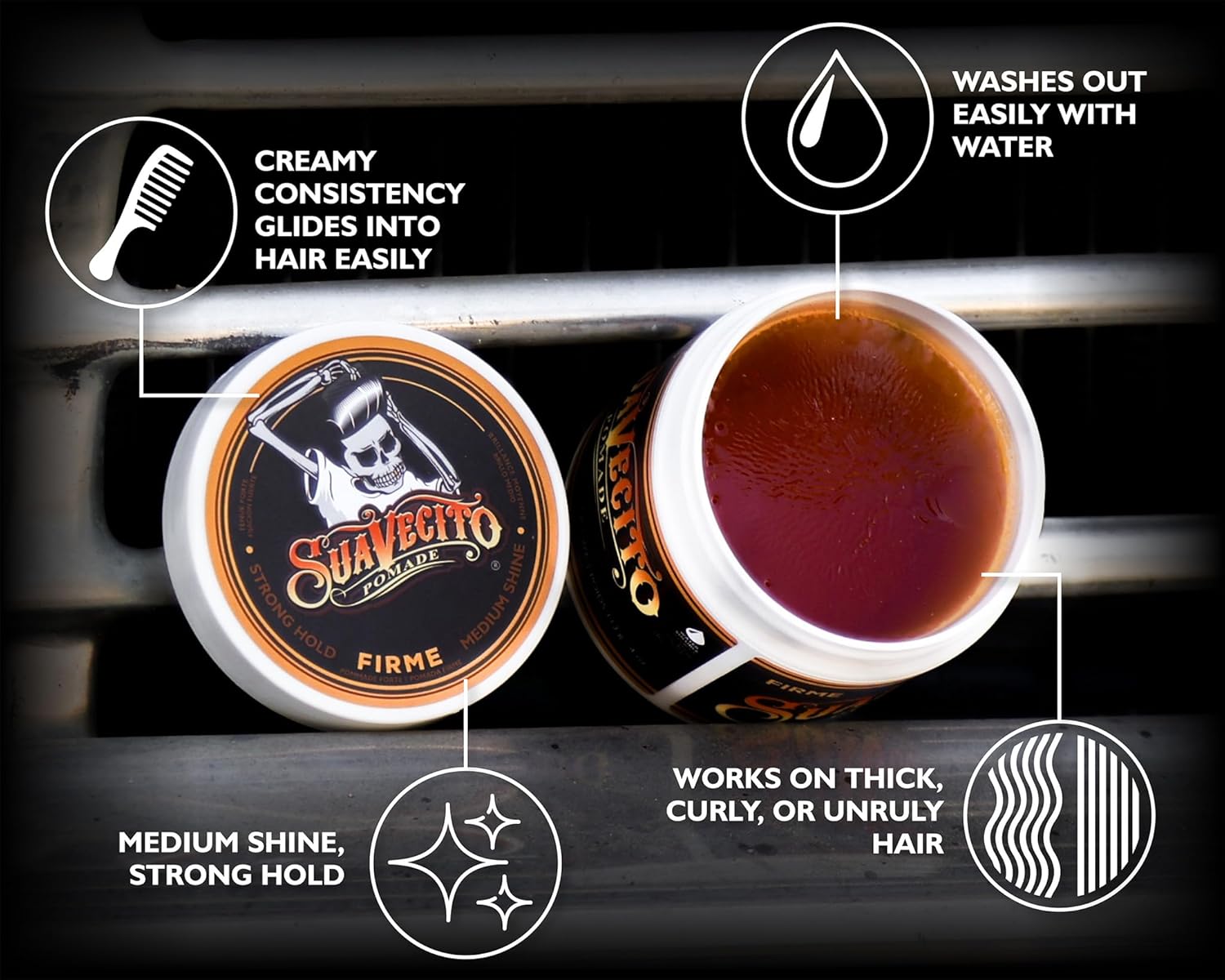Highlights multiple key features and benefits of the hair pomade product to showcase its versatility and performance.