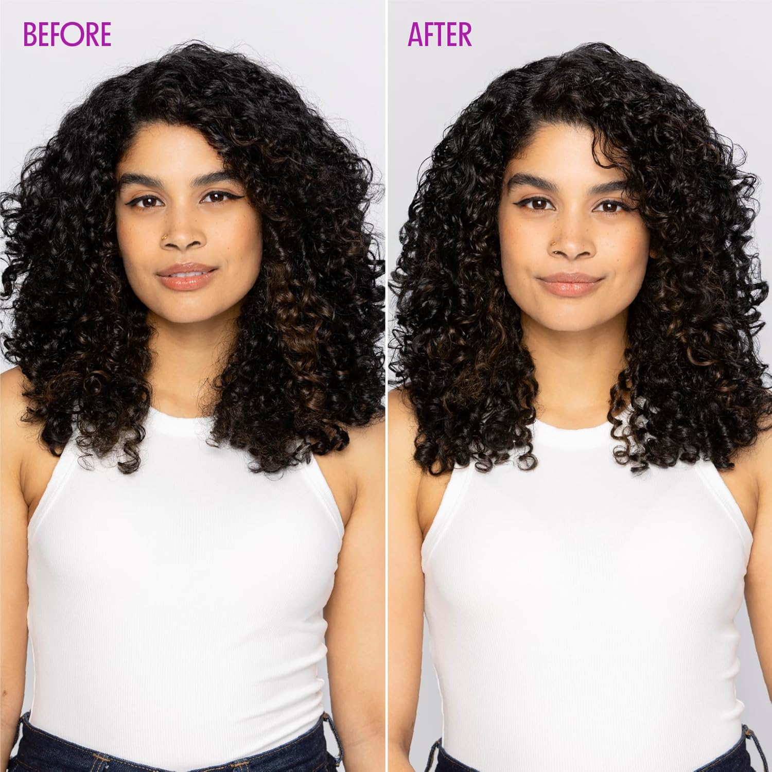 Visually demonstrates the product's ability to tame frizz and define curls by showing a before and after comparison.