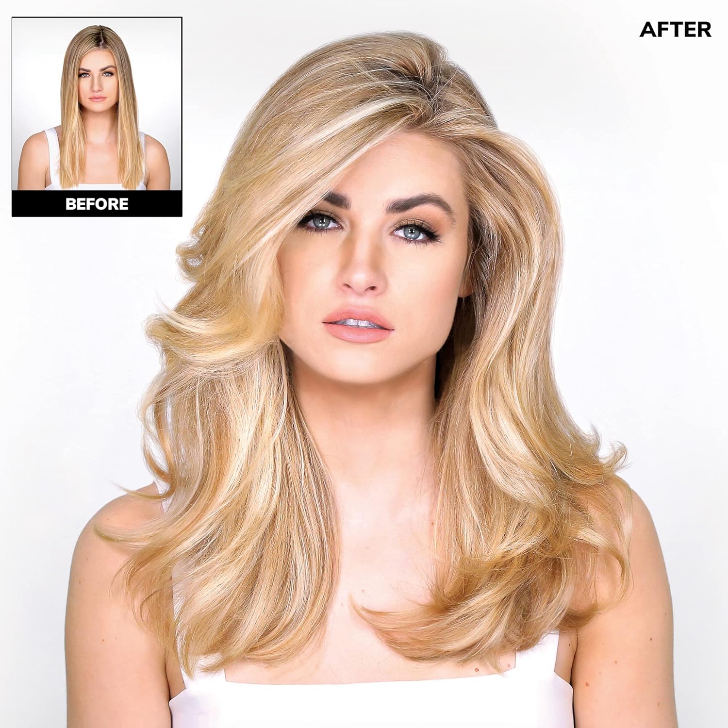 Visually demonstrates the volumizing and styling effects of the product by showing a before and after comparison.