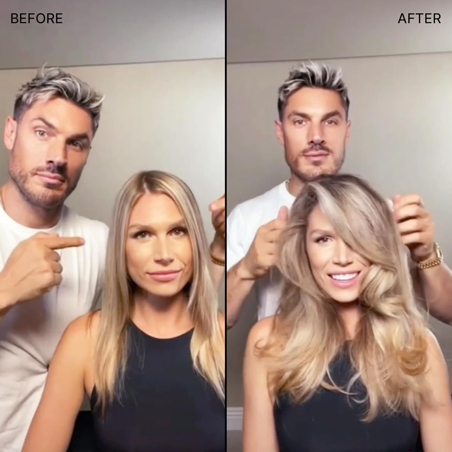 Visually demonstrates the volumizing and styling effects of the product by showing a before and after comparison.