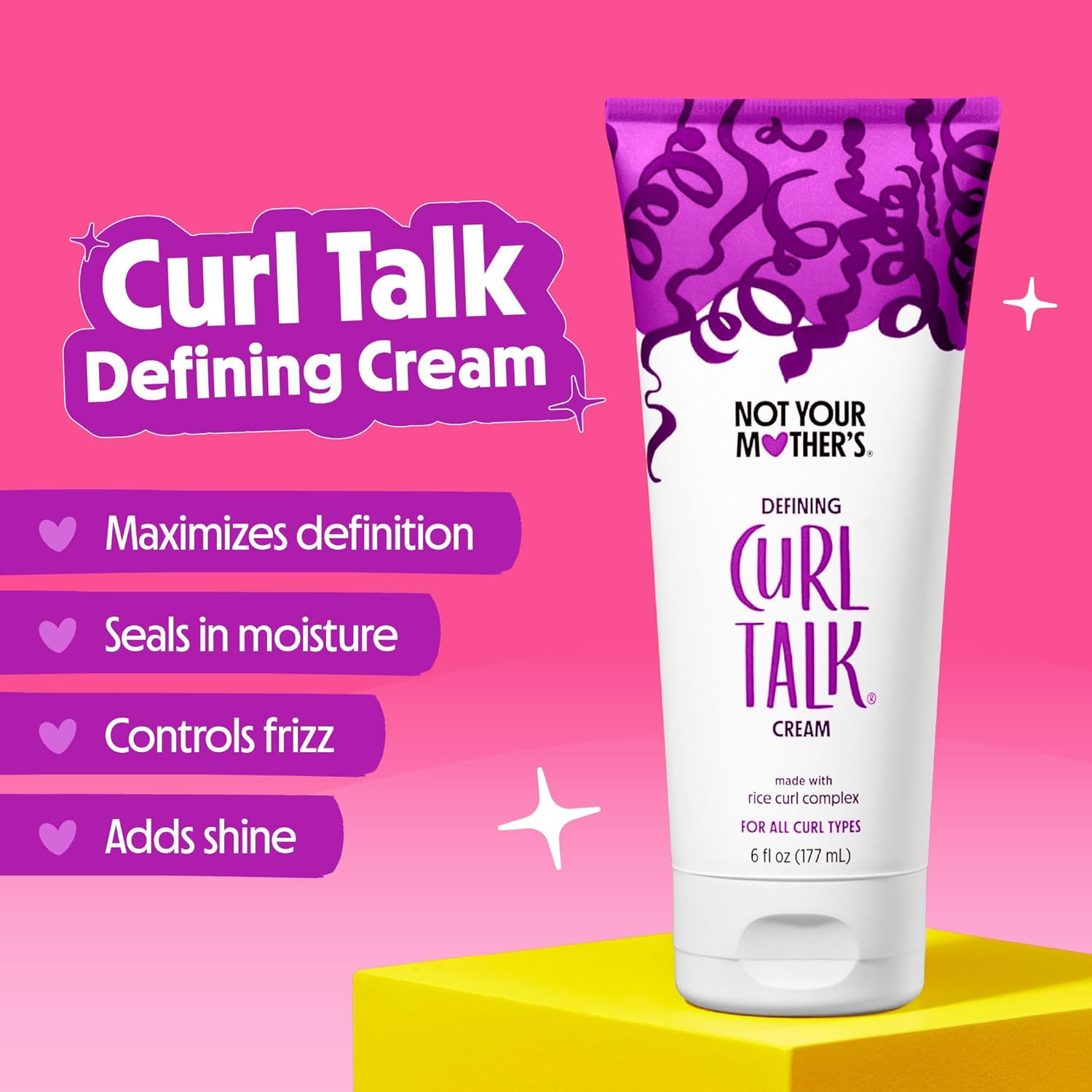 Highlights multiple benefits of the defining cream for curly hair, including enhancing curl definition, locking in moisture, reducing frizz, and adding shine.