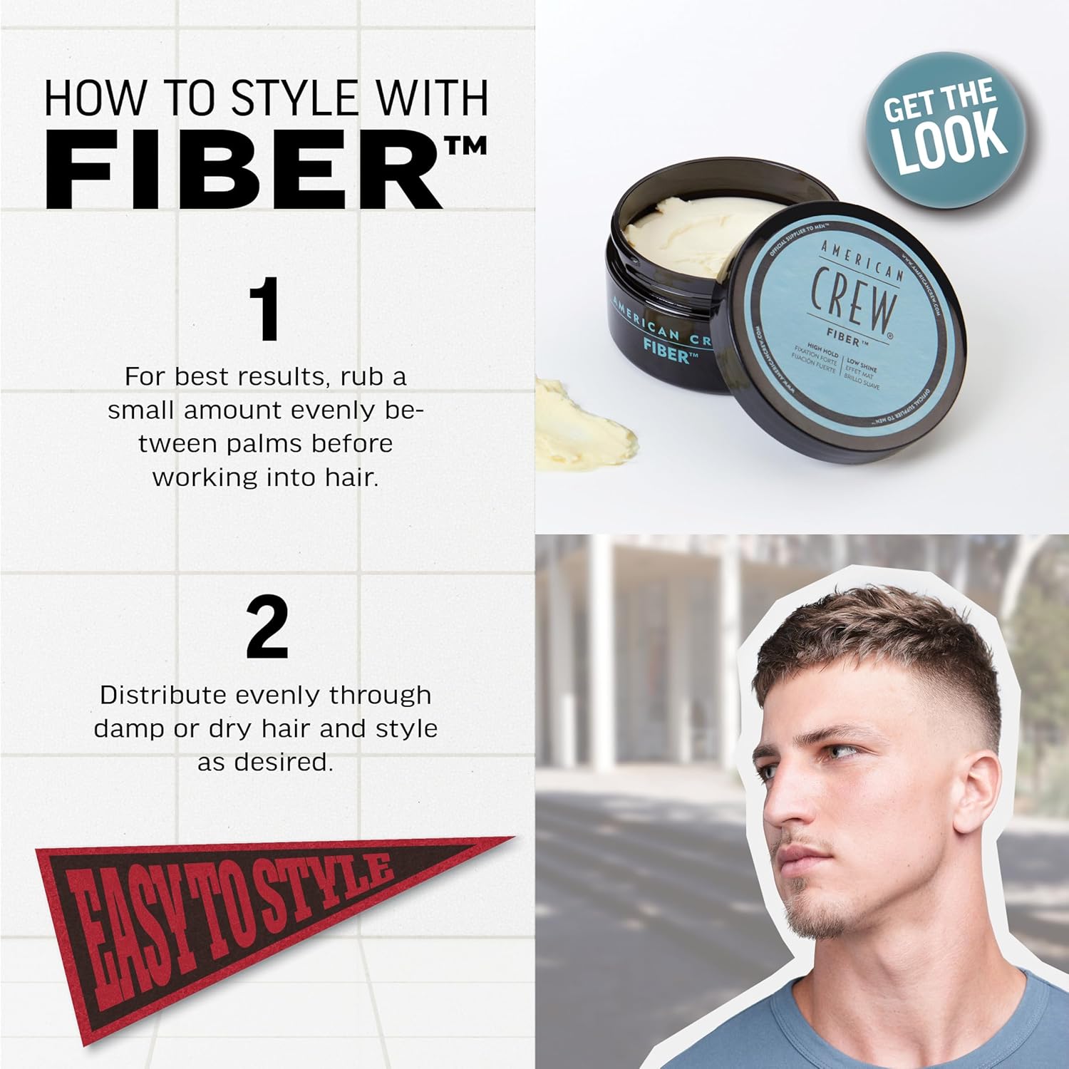 Provides step-by-step instructions on how to properly use and style with the Fiber hair product.