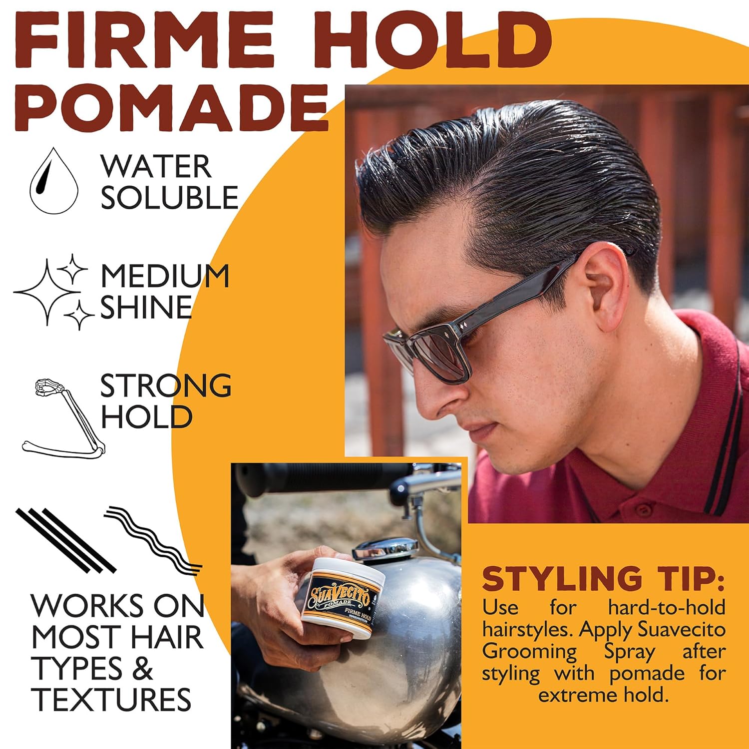 Highlights multiple key features and benefits of the pomade hair product to help customers understand its versatility and performance.