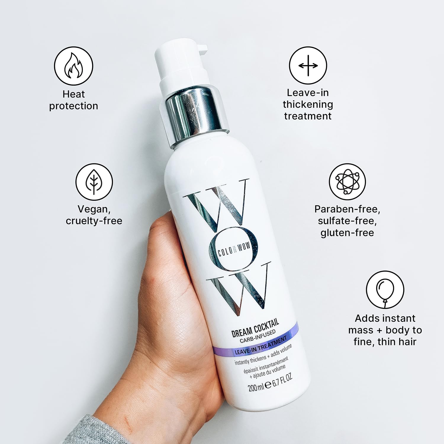 Highlights multiple key features and benefits of the hair product, including heat protection, thickening, ethical/natural ingredients, and volumizing for fine hair.