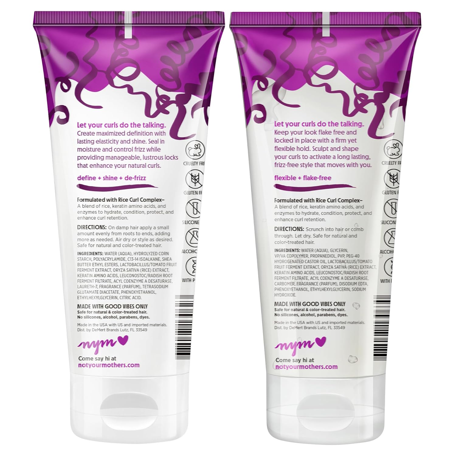 Highlights the key benefits of the curl-defining product, including maximized definition, lasting elasticity and shine, frizz control, and a flexible yet locked-in style.