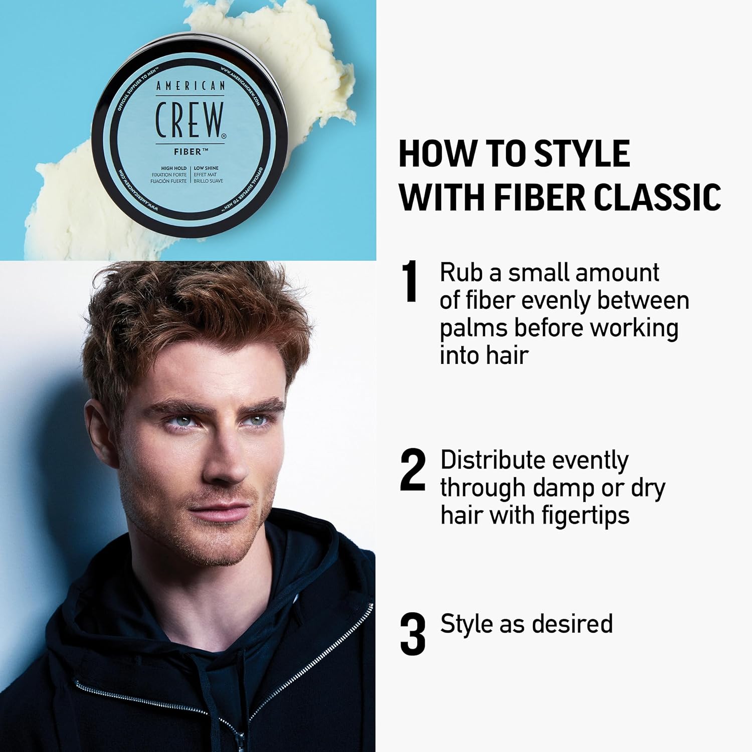 Provides step-by-step instructions on how to properly use and style with the Fiber Classic hair product.