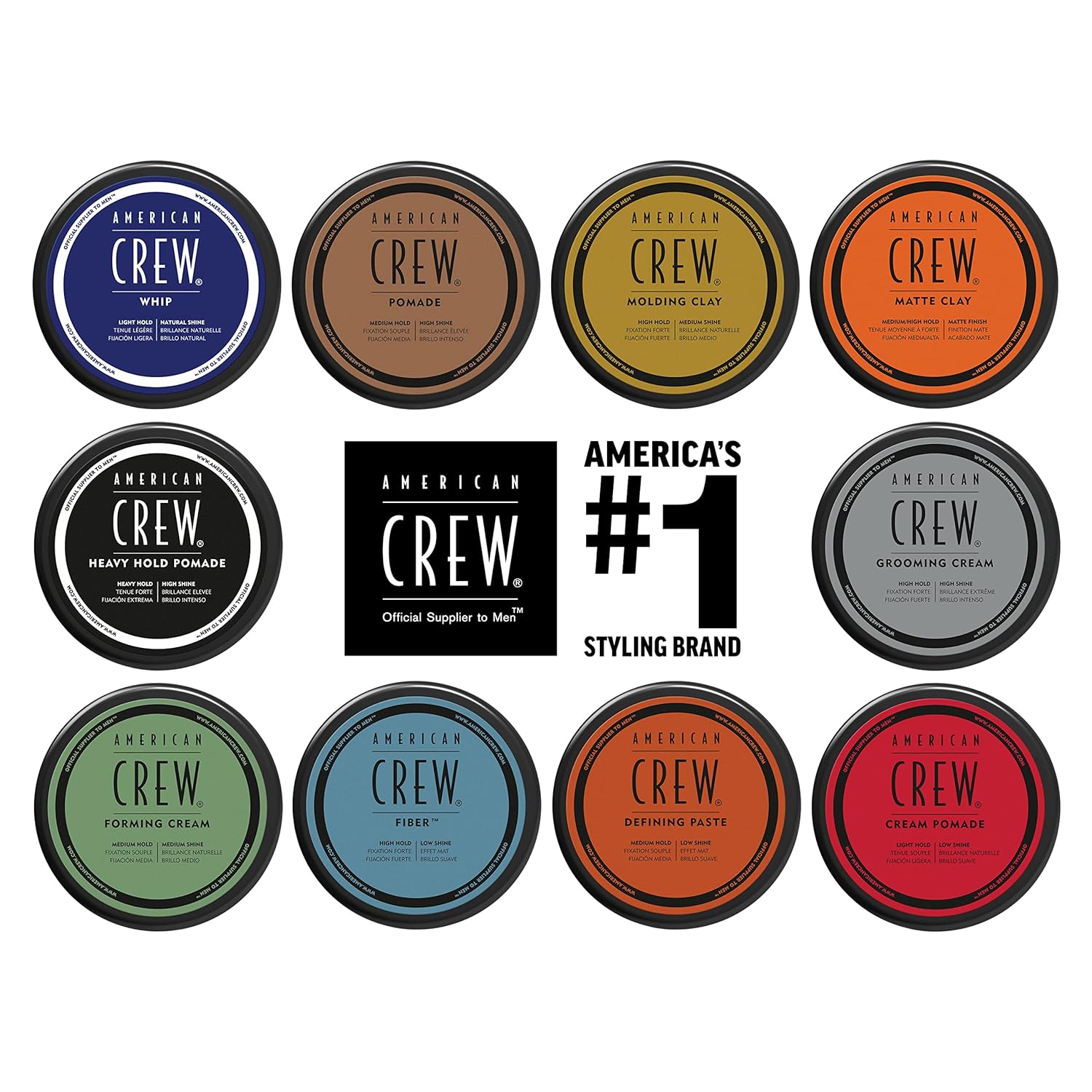 Shows the full range of hair styling products included in the American Crew line, allowing customers to see all the options available.