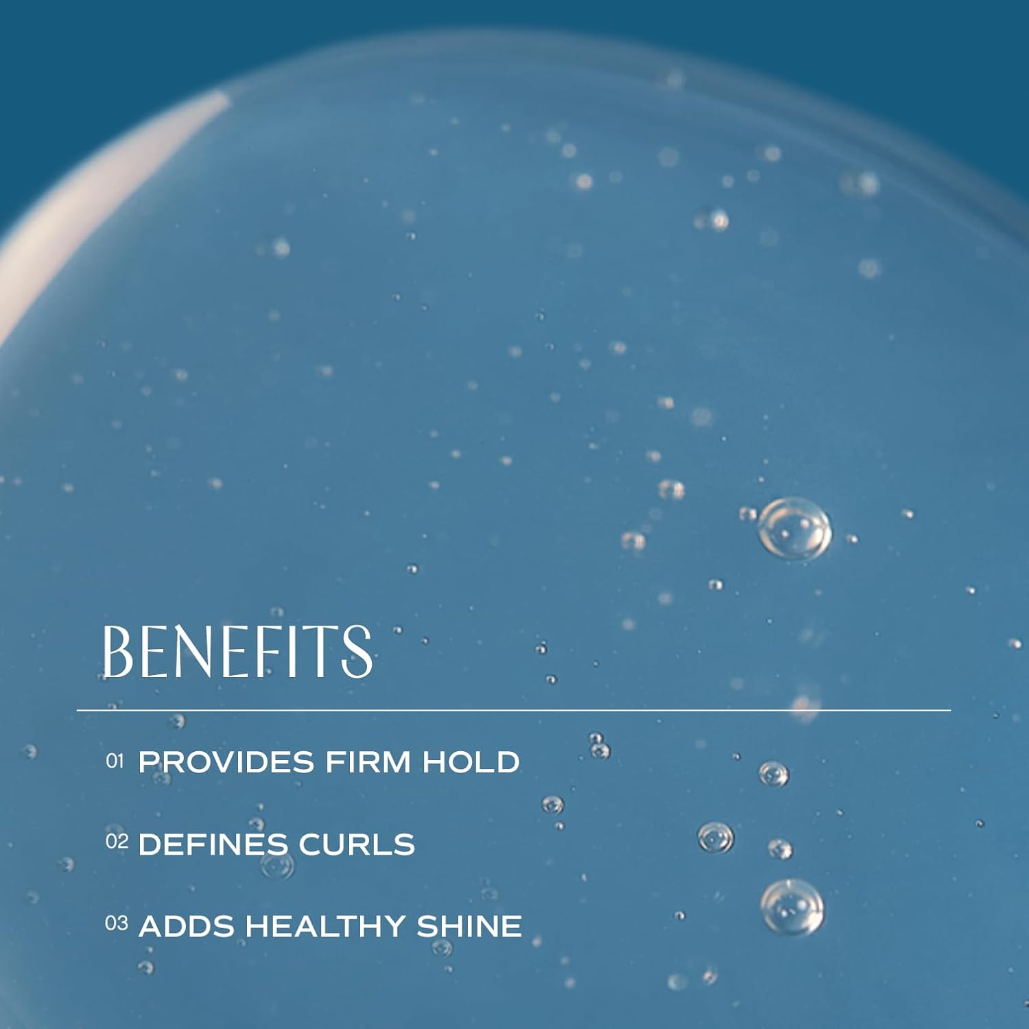 Highlights the three key benefits of the product - providing firm hold, defining curls, and adding healthy shine to hair.
