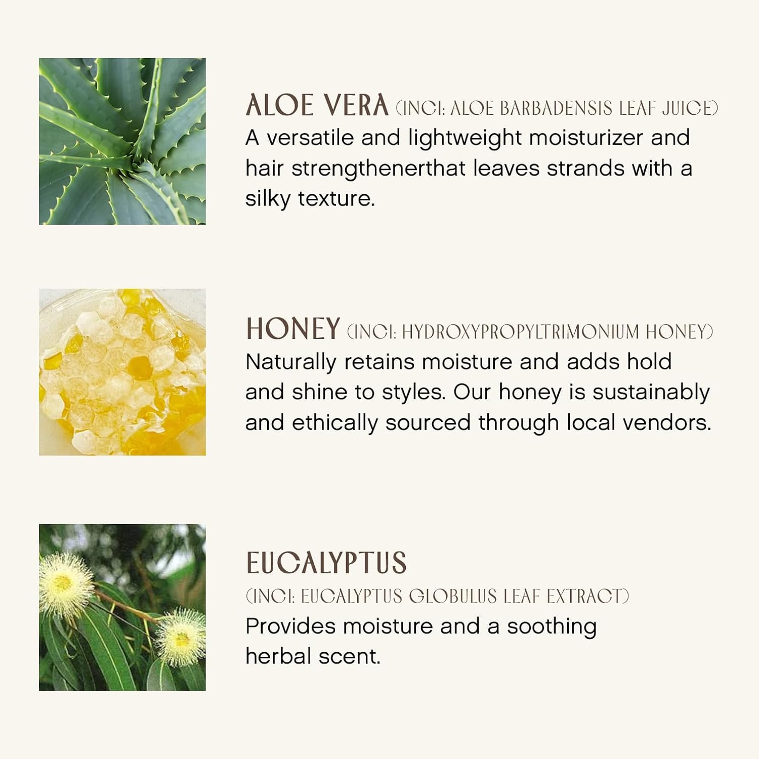 Highlights the key natural ingredients and their respective benefits for hair, such as moisturizing, strengthening, adding shine, and providing a soothing scent.