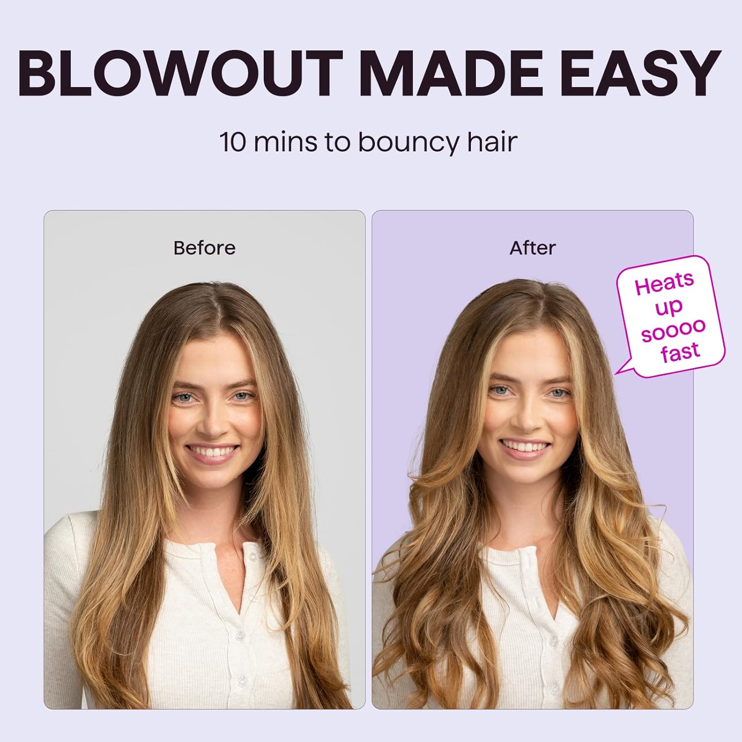 Demonstrates the product's ability to quickly add volume and bounce to hair by showing a before and after comparison.