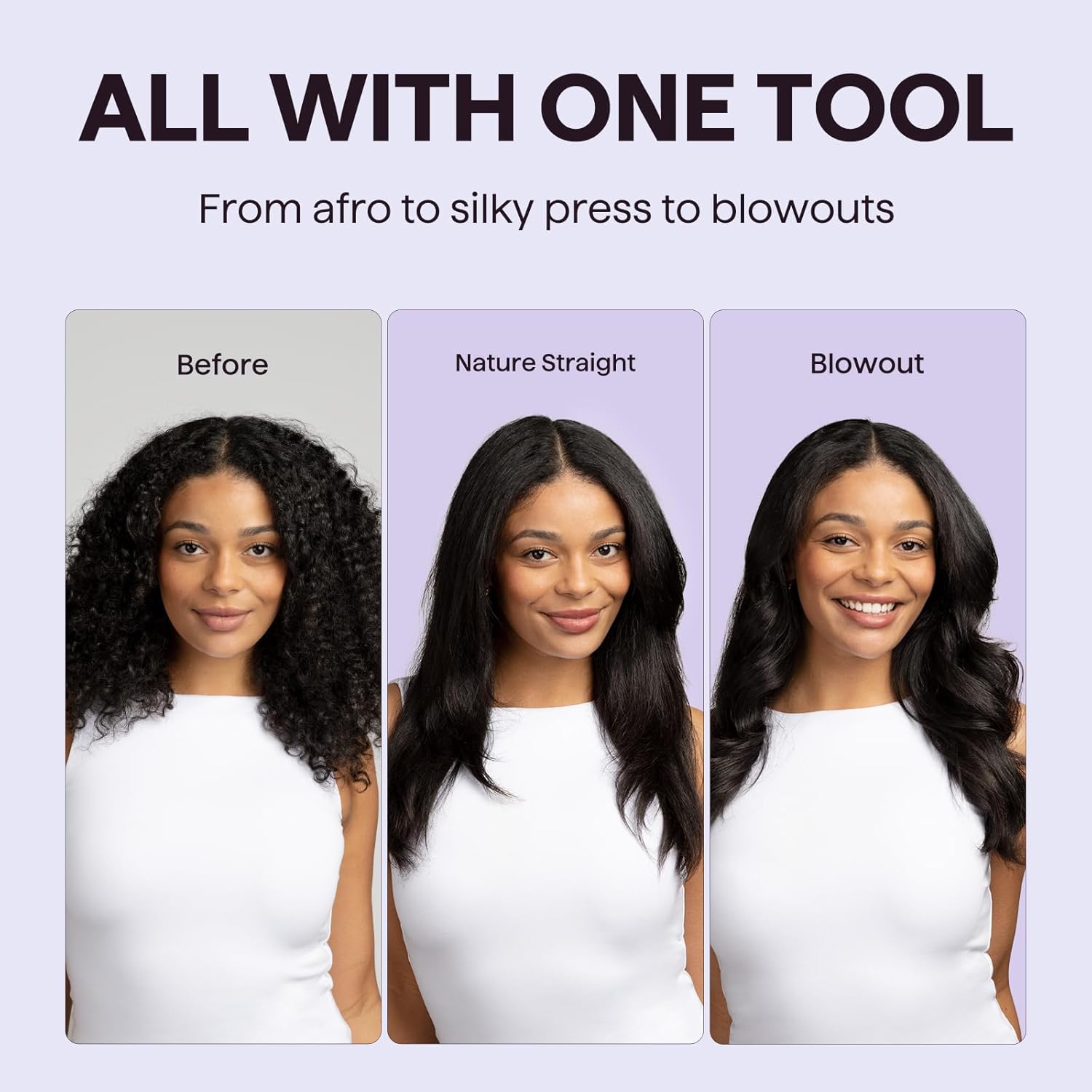Showcases the product's versatility by demonstrating its ability to achieve different hairstyles like afro, straight, and blowout looks.