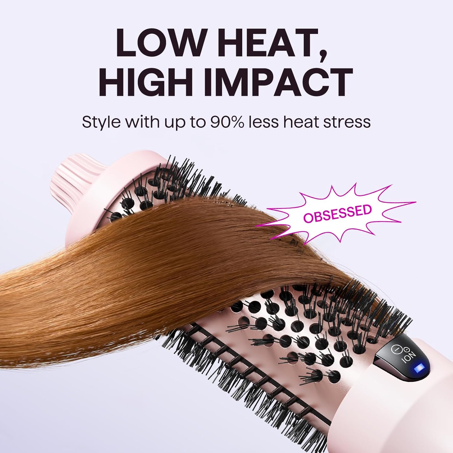 Highlights the product's ability to style hair with up to 90% less heat stress, positioning it as a safer and gentler alternative.