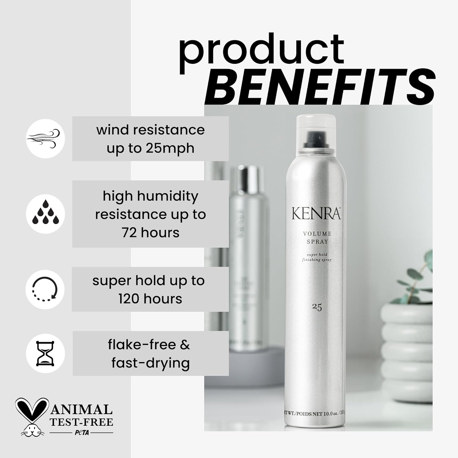 Highlights multiple key benefits of the hair spray product, including wind resistance, humidity resistance, long-lasting hold, fast drying, and being animal test-free.