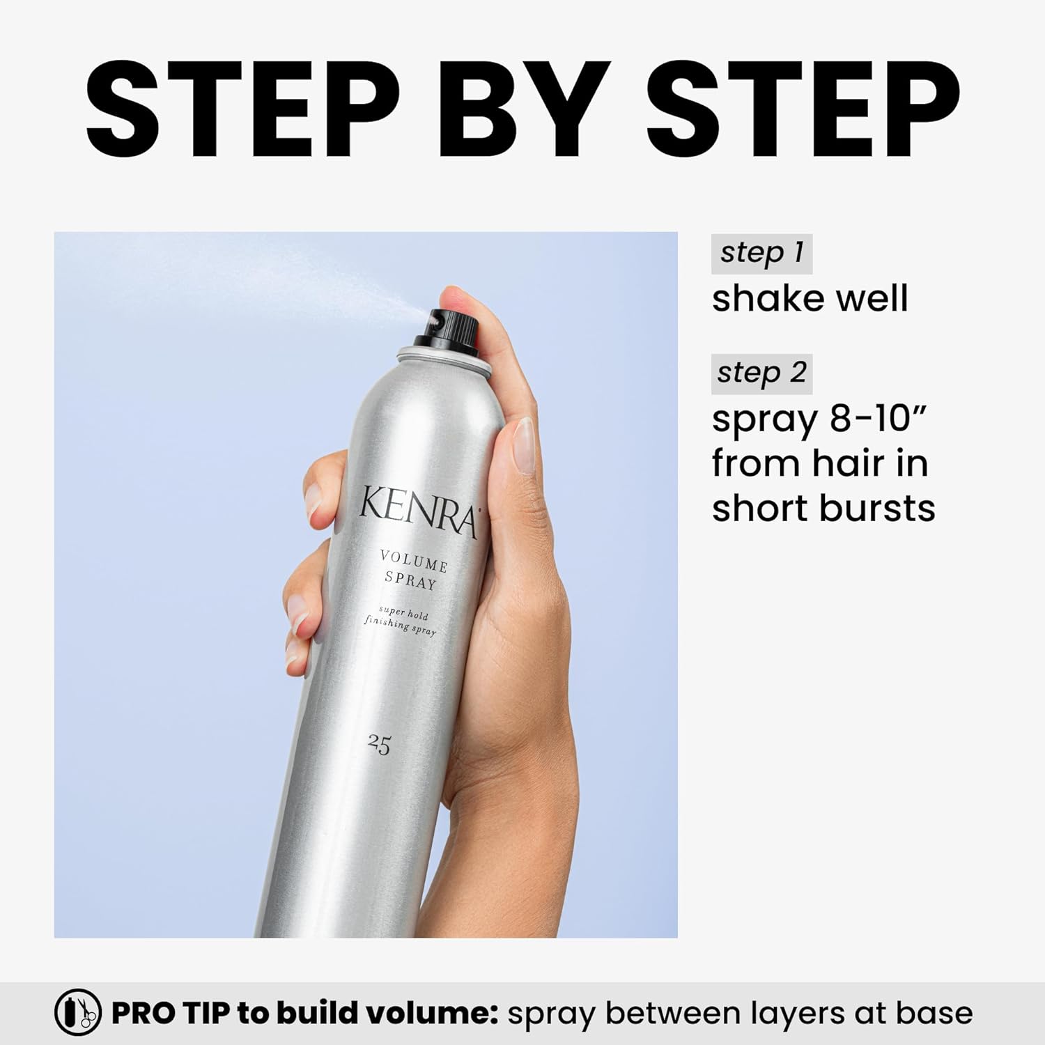 Provides step-by-step instructions on how to properly use the hair volumizing spray product.