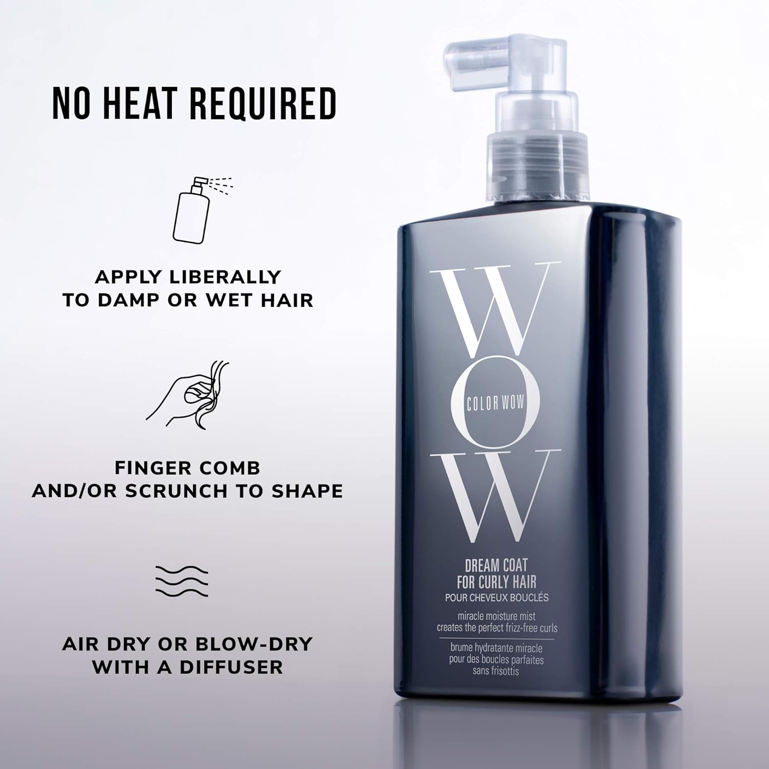 Explains the steps for using the curly hair product, including applying it to damp hair, finger combing or scrunching to shape, and air or blow drying with a diffuser.