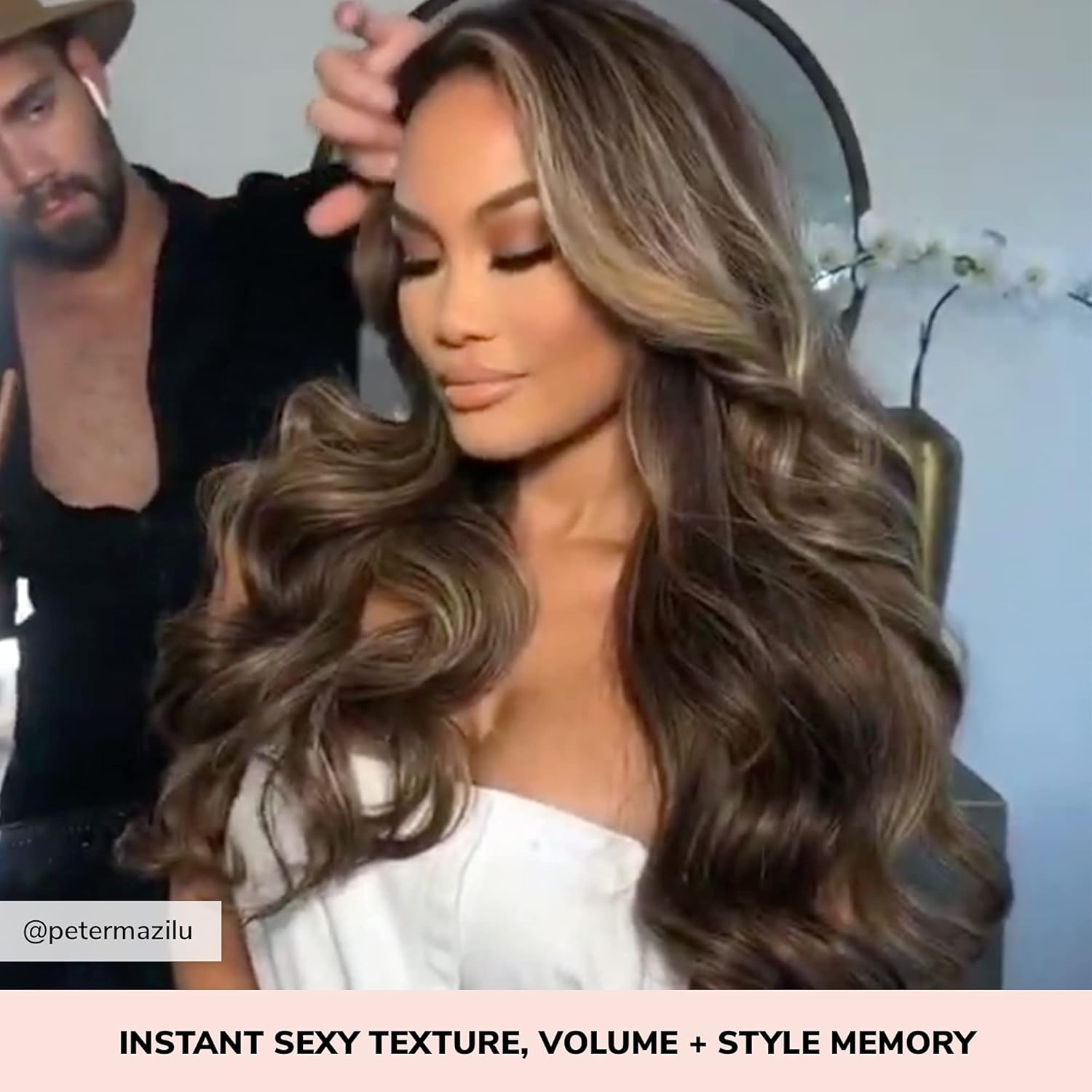 Highlights the product's ability to provide instant sexy texture, volume, and style memory for hair.