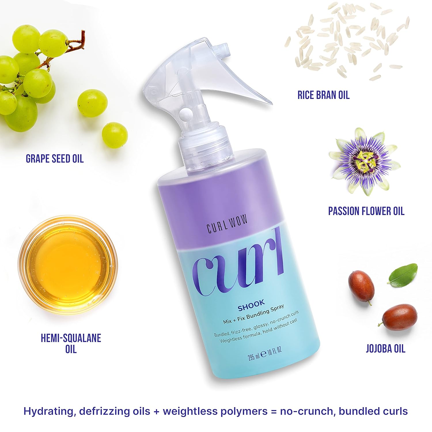 Highlights the key ingredients and benefits of the curl bundling spray, including hydrating oils, frizz control, lightweight hold, and no crunchy feel.