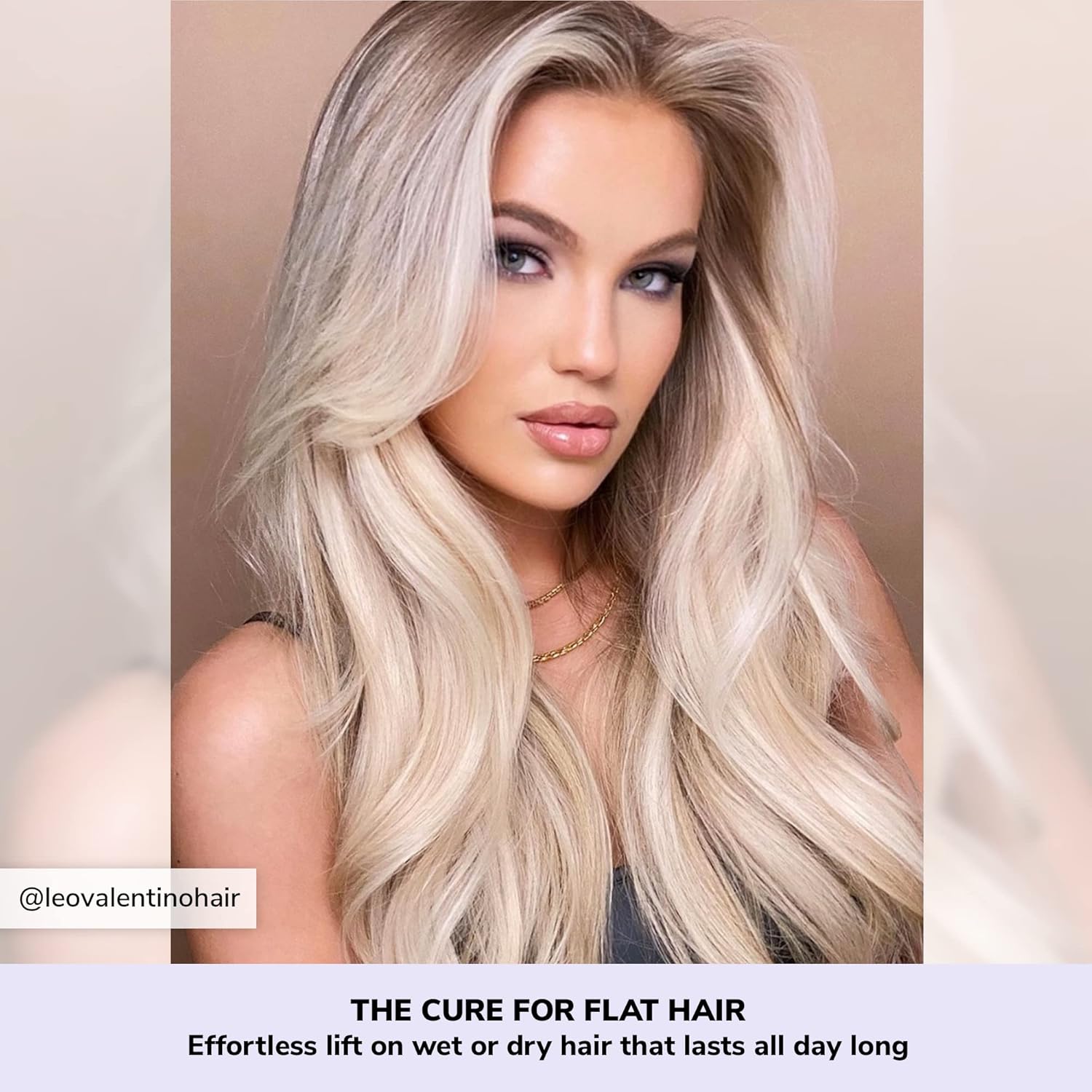 Highlights the product's ability to provide effortless volume and lift that lasts all day on both wet and dry hair.