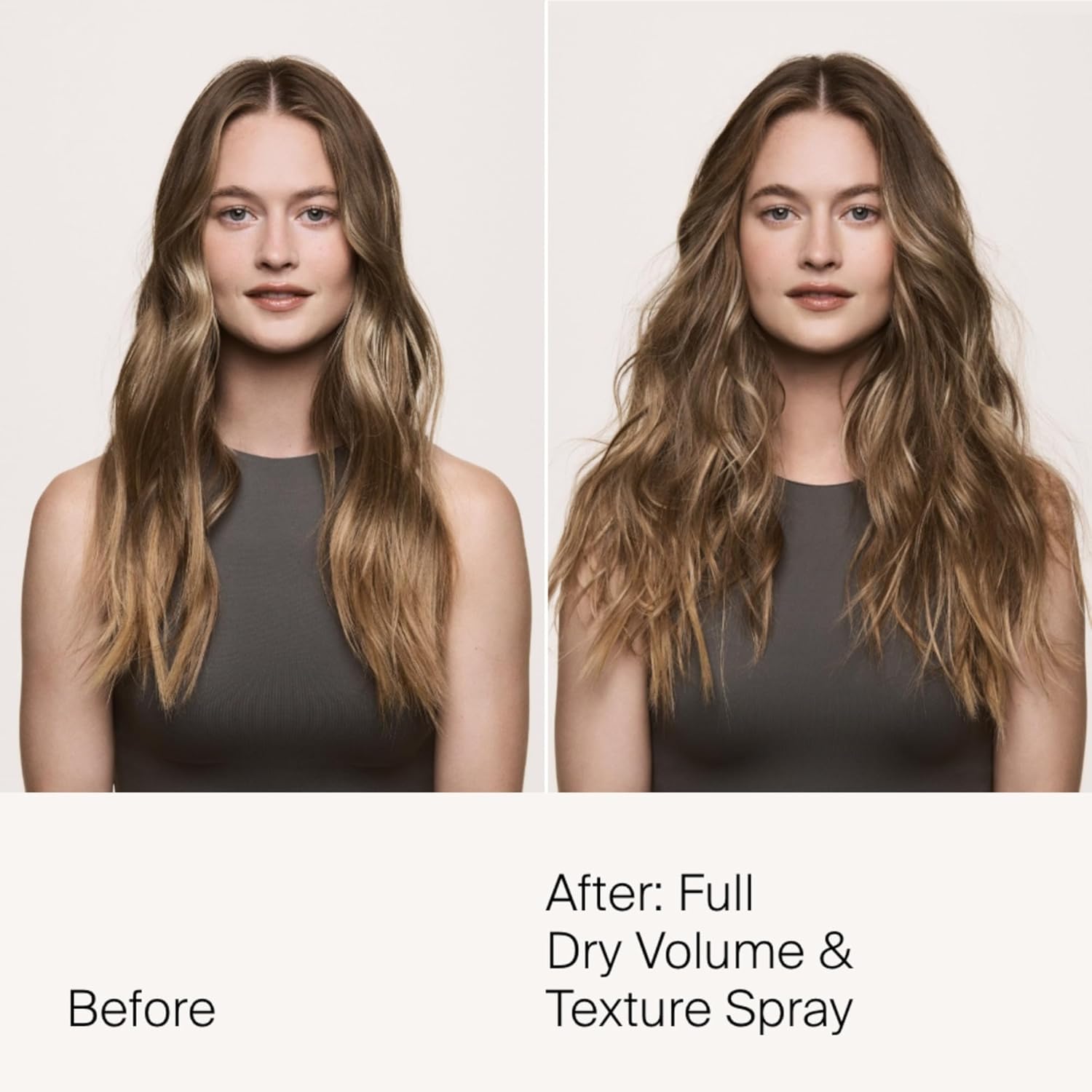 Visually demonstrates the volumizing and texturizing effects of the dry hair spray product.