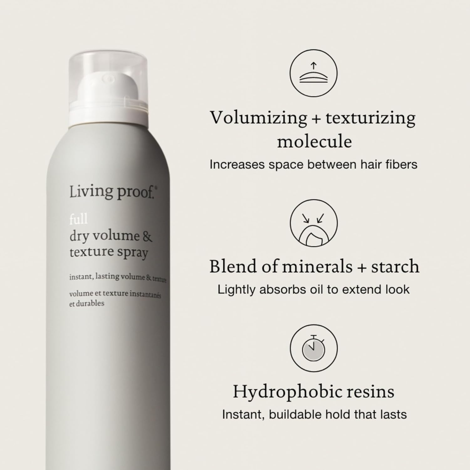 Highlights the key features and benefits of the dry volume and texture spray, including volumizing, texturizing, oil absorption, and lasting hold.