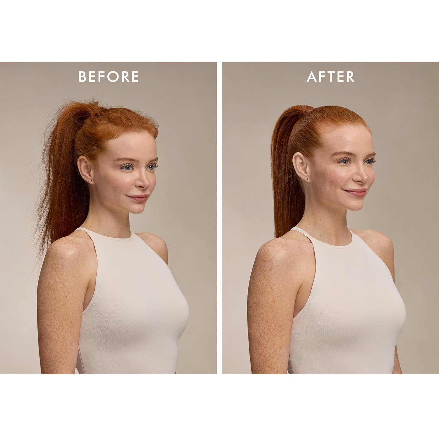 Visually demonstrates the product's ability to tame frizzy, unruly hair and achieve a sleek, polished look.