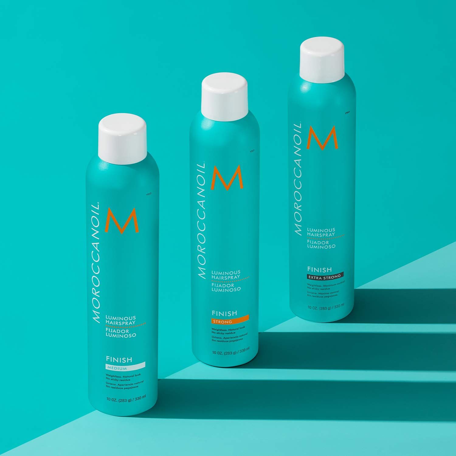 Shows the different hairspray products included in the line, highlighting the varying hold strengths (Medium, Strong, Extra Strong).