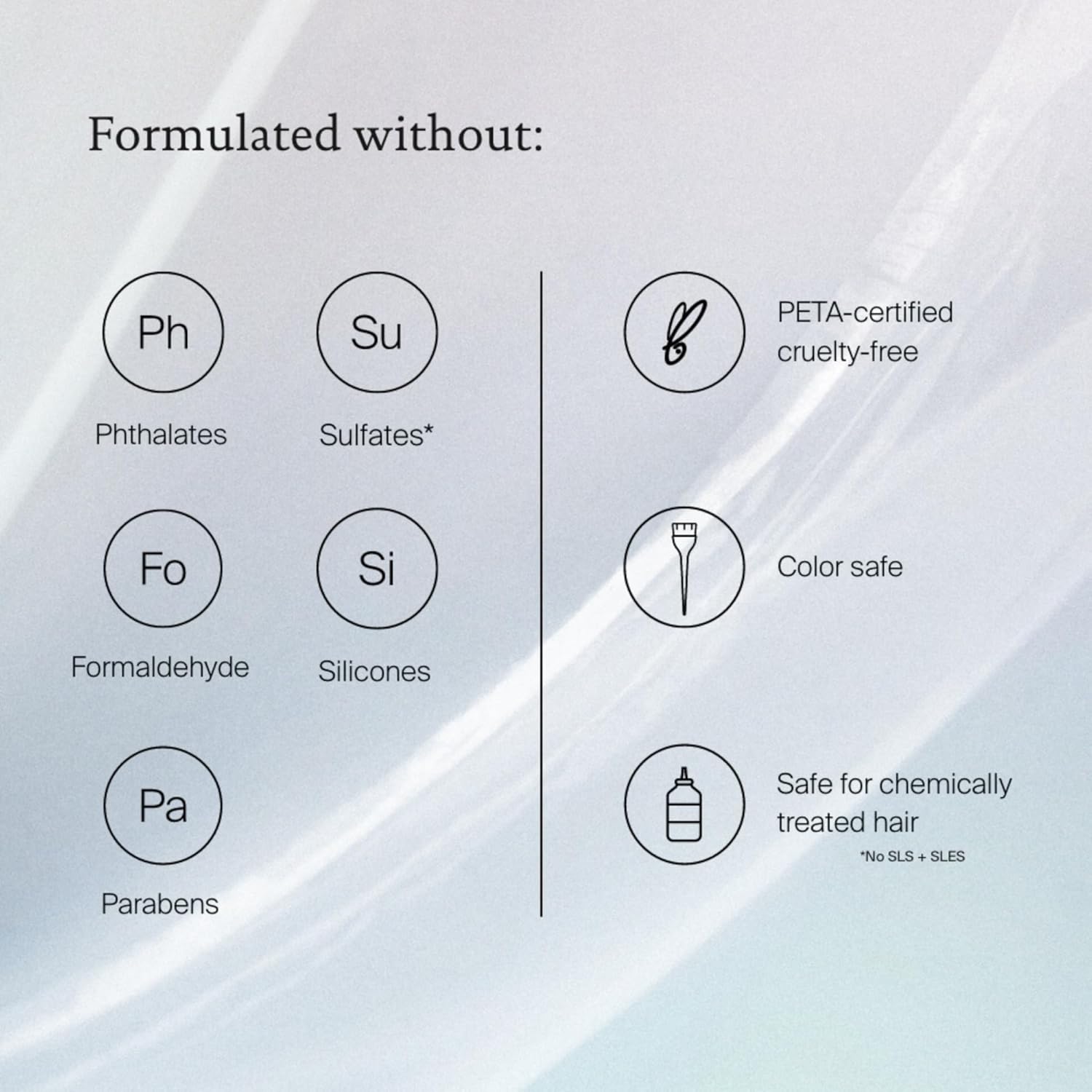 Highlights the product's clean, safe, and ethical formulation by listing the harmful ingredients it is free from.