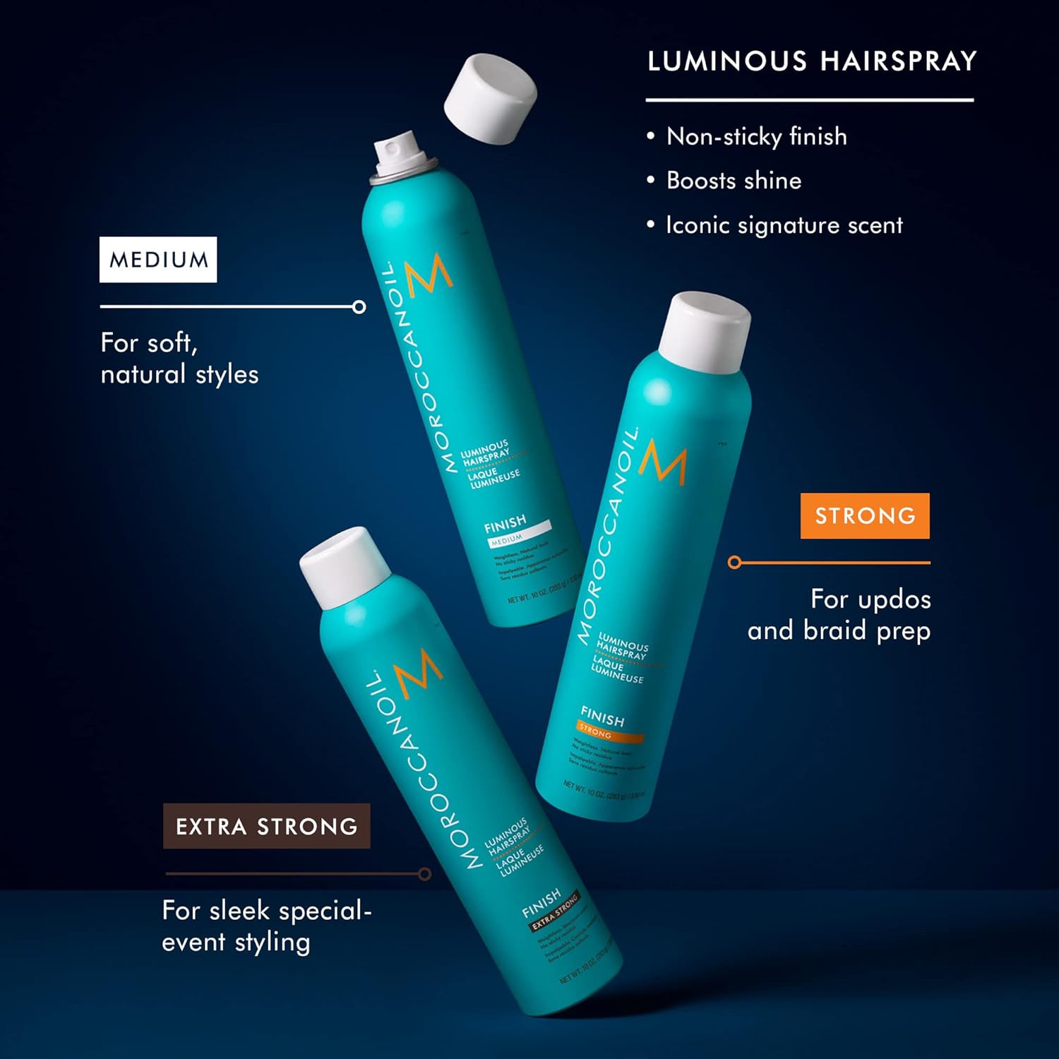 Guides customers in selecting the right hairspray strength (Medium, Strong, Extra Strong) based on their desired hairstyle and hold.