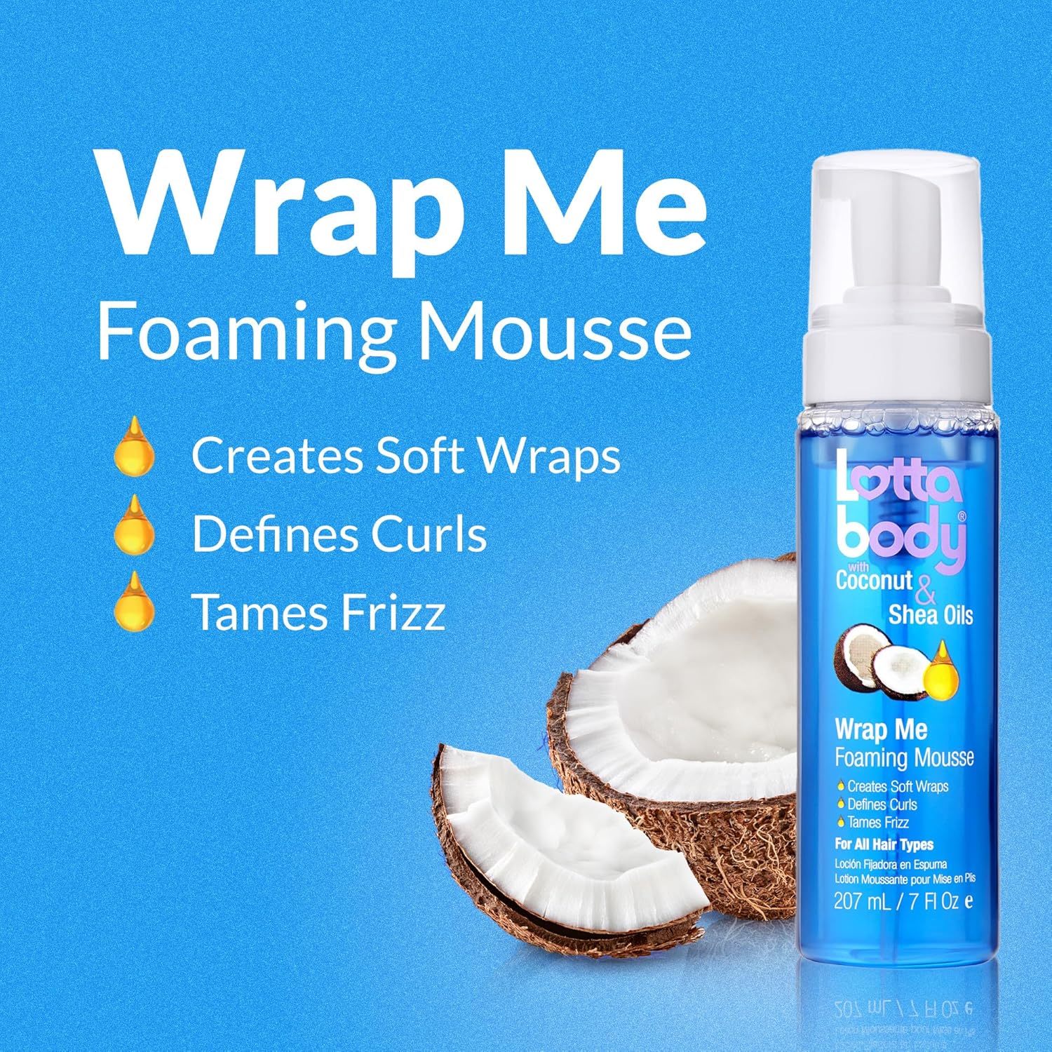Highlights the key benefits of the foaming mousse product for creating soft, defined curls while taming frizz.