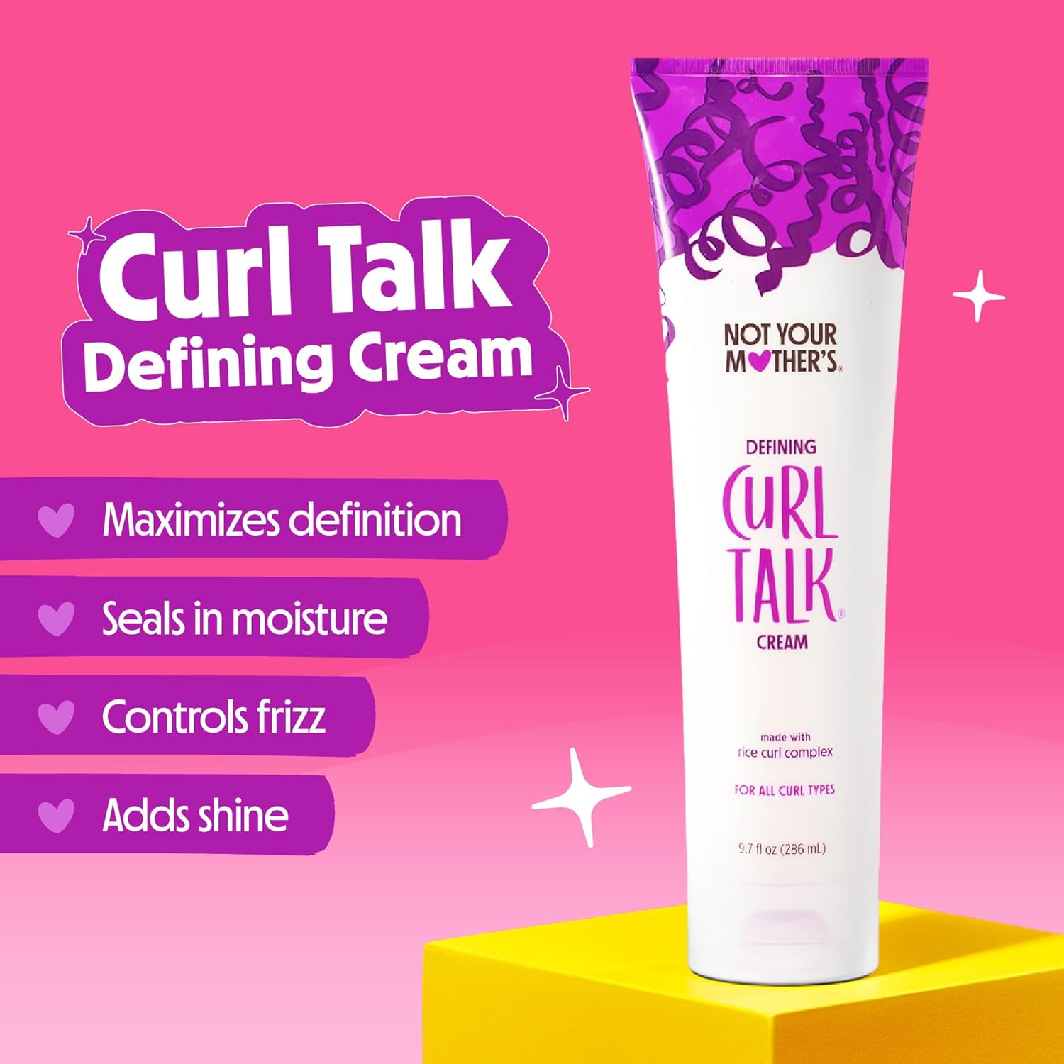 Highlights multiple benefits of the defining cream for curly hair, including enhancing curl definition, locking in moisture, reducing frizz, and adding shine.