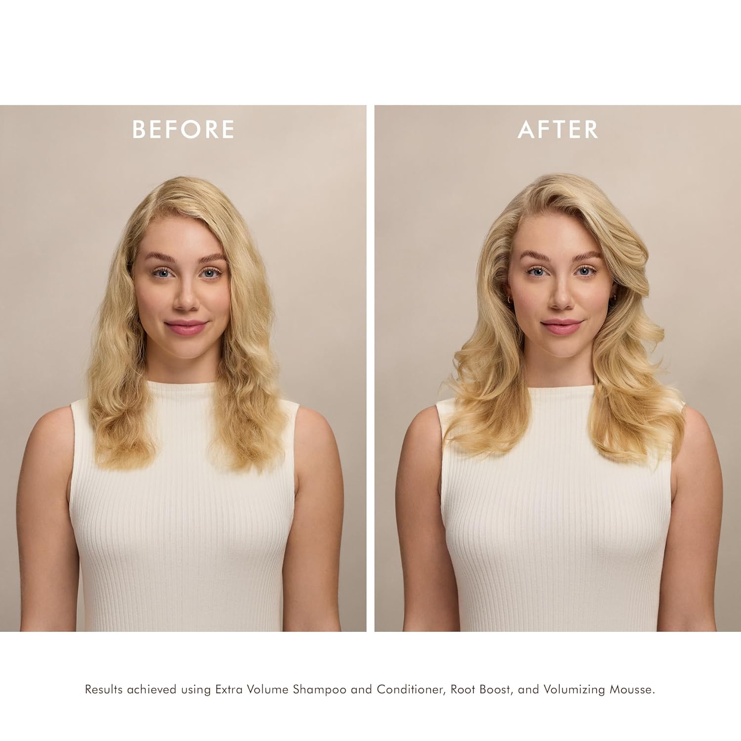 Visually demonstrates the volumizing and hair-boosting effects achieved by using the brand's shampoo, conditioner, root boost, and volumizing mousse products.