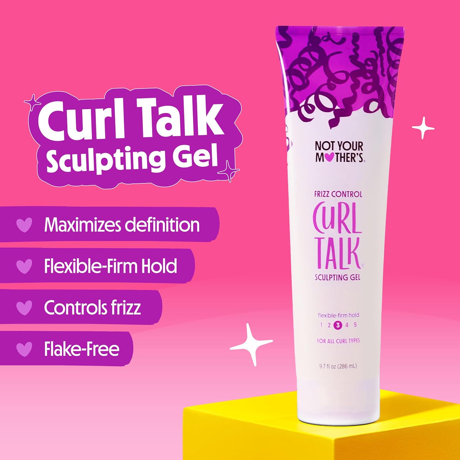Highlights multiple key features and benefits of the curl sculpting gel product to help customers understand its capabilities.