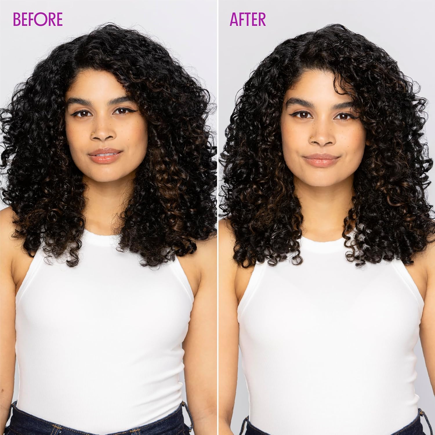 Visually demonstrates the product's ability to tame frizz and enhance curl definition by showing a before and after comparison.