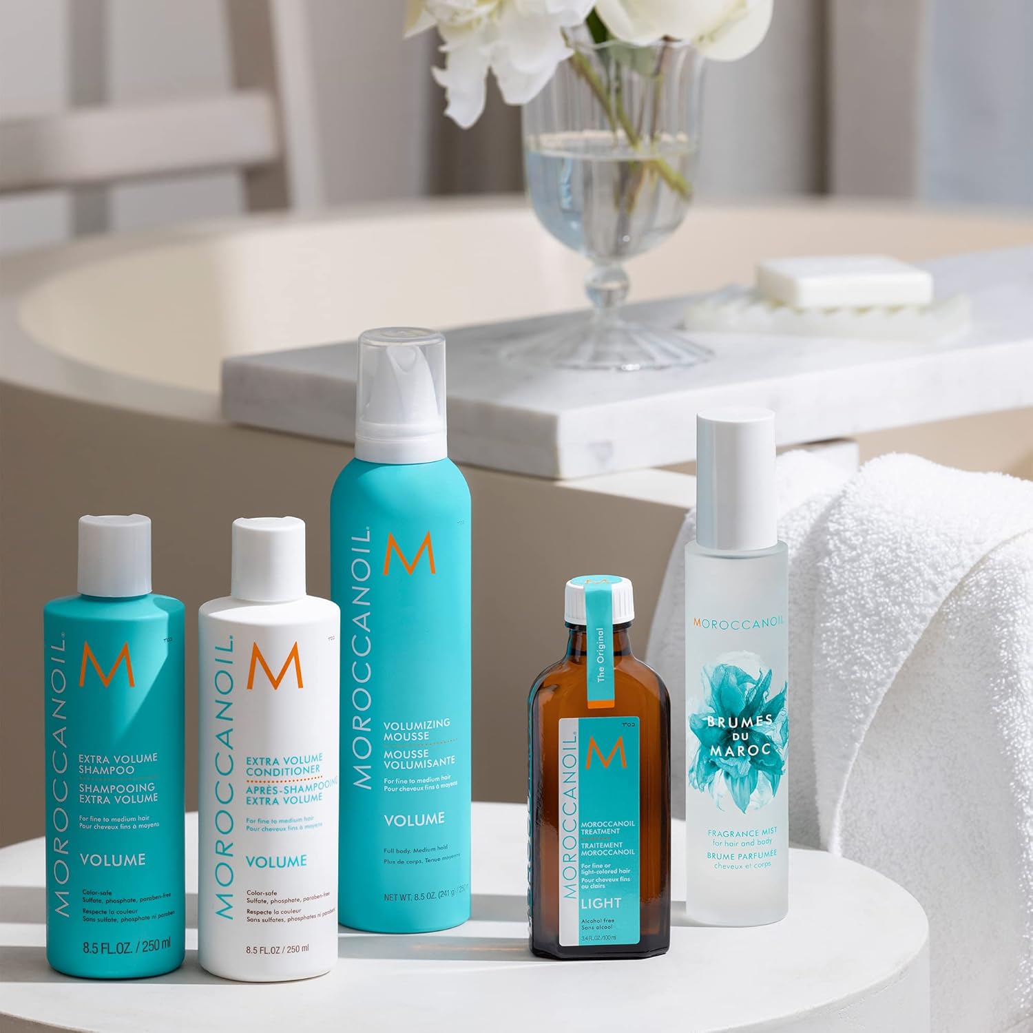Shows the various hair care products included in the Moroccan Oil line, allowing customers to see the full range of items they would receive.