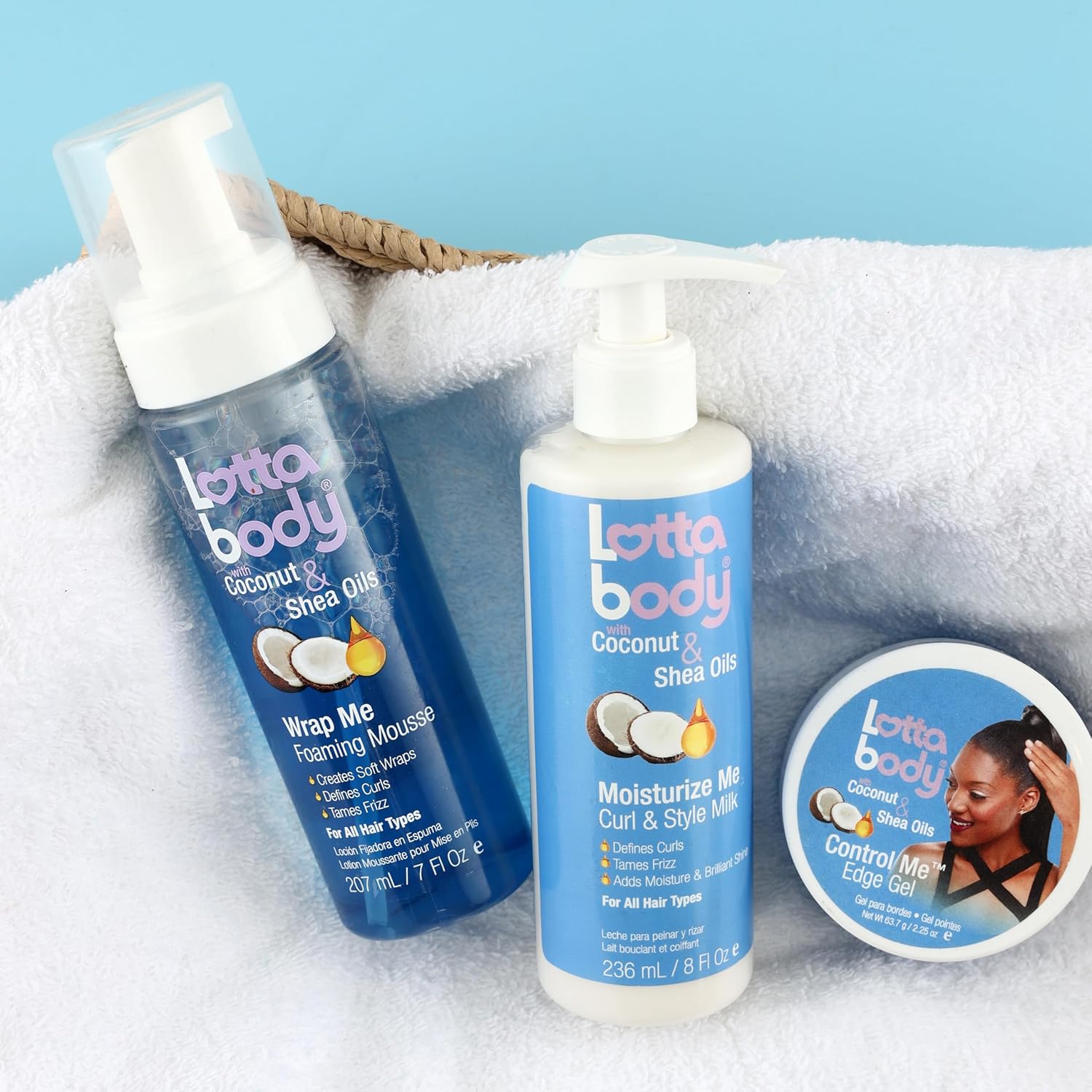 Shows the different hair care products included in the Lottabody Coconut & Shea Oils line.