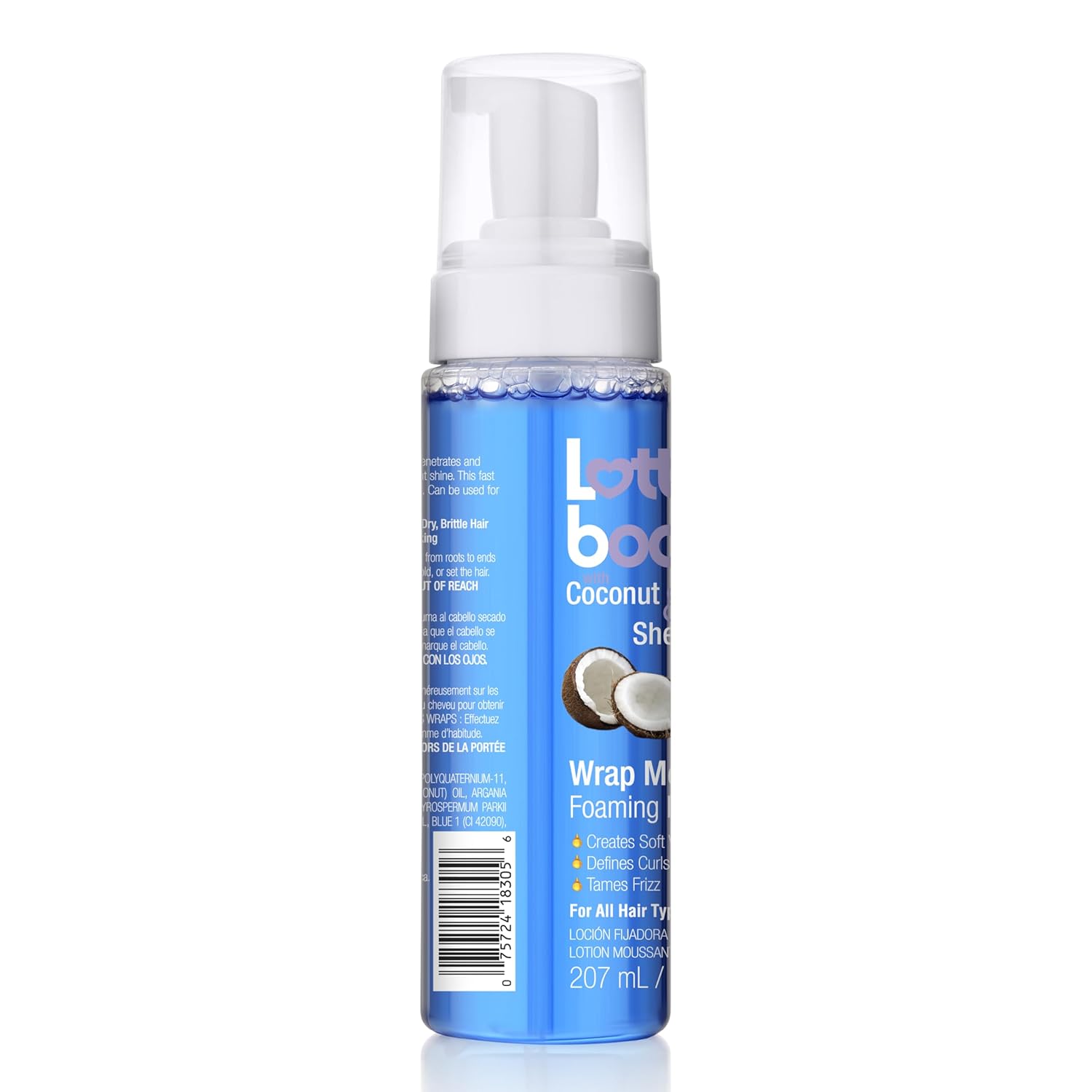 Highlights the key benefits of the coconut hair wrap foam product, which are creating soft, defined curls while taming frizz.