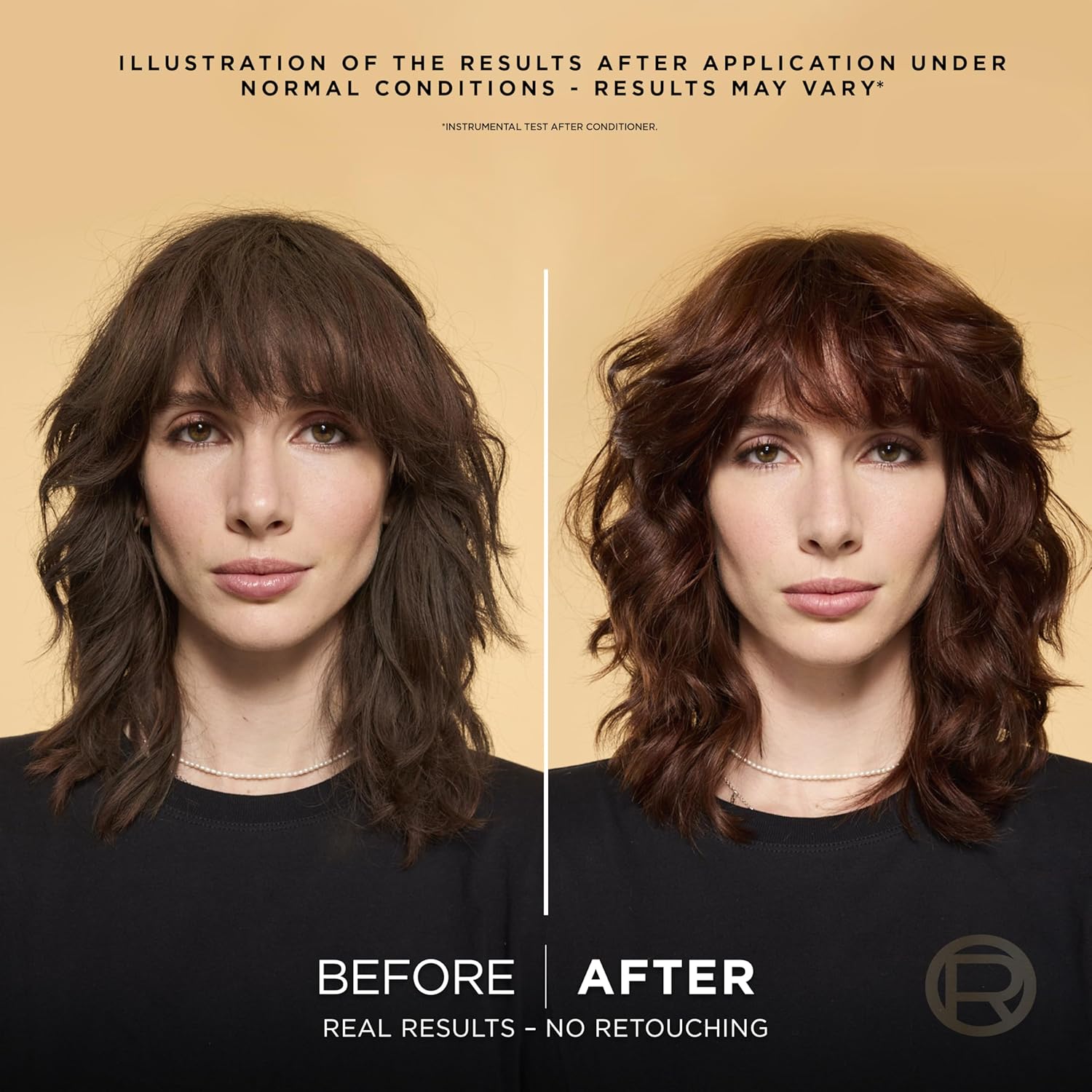 Visually demonstrates the product's effectiveness in conditioning and smoothing frizzy hair by showing a before and after comparison.