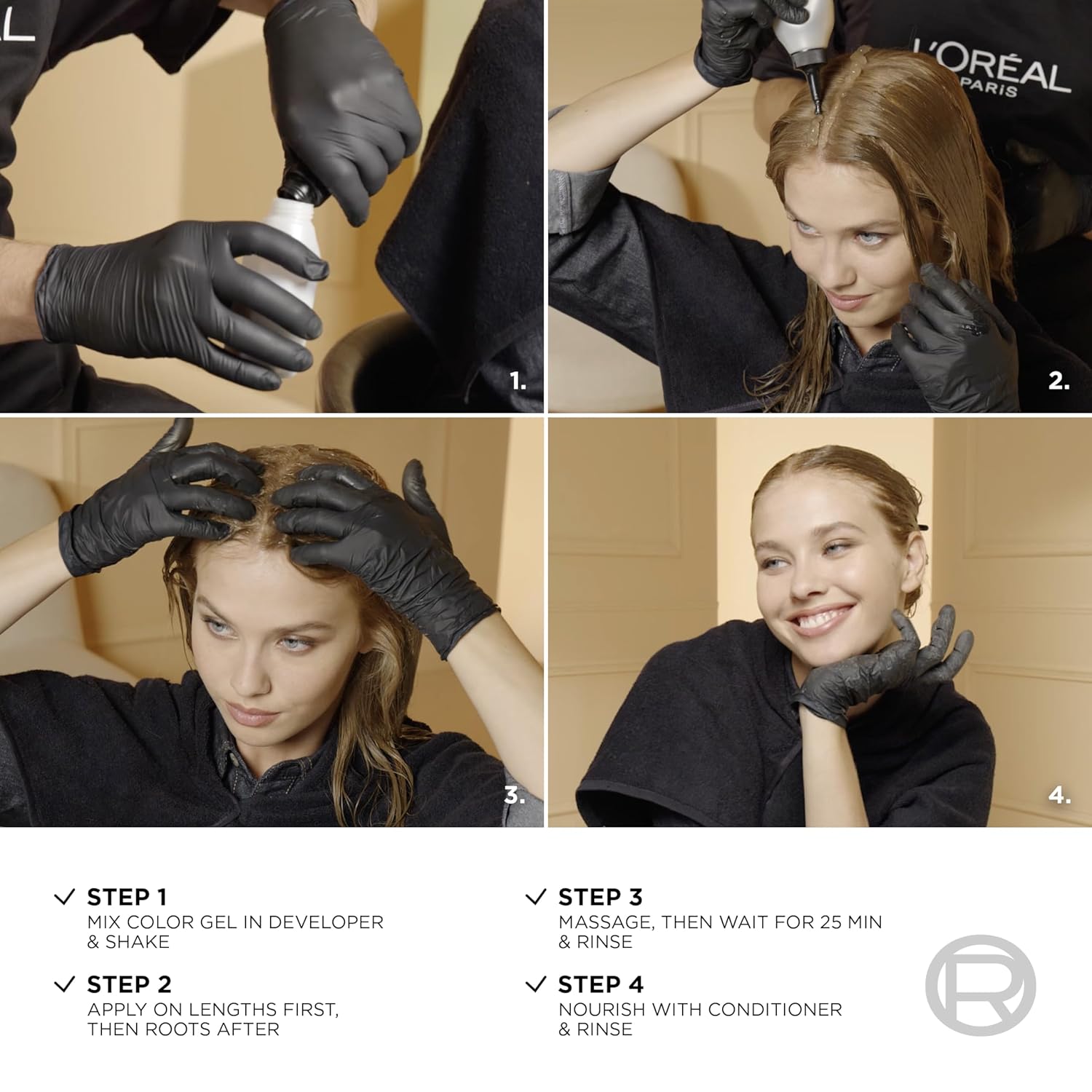 Explains the step-by-step process for applying hair color, from mixing the color gel to massaging, rinsing, and conditioning.