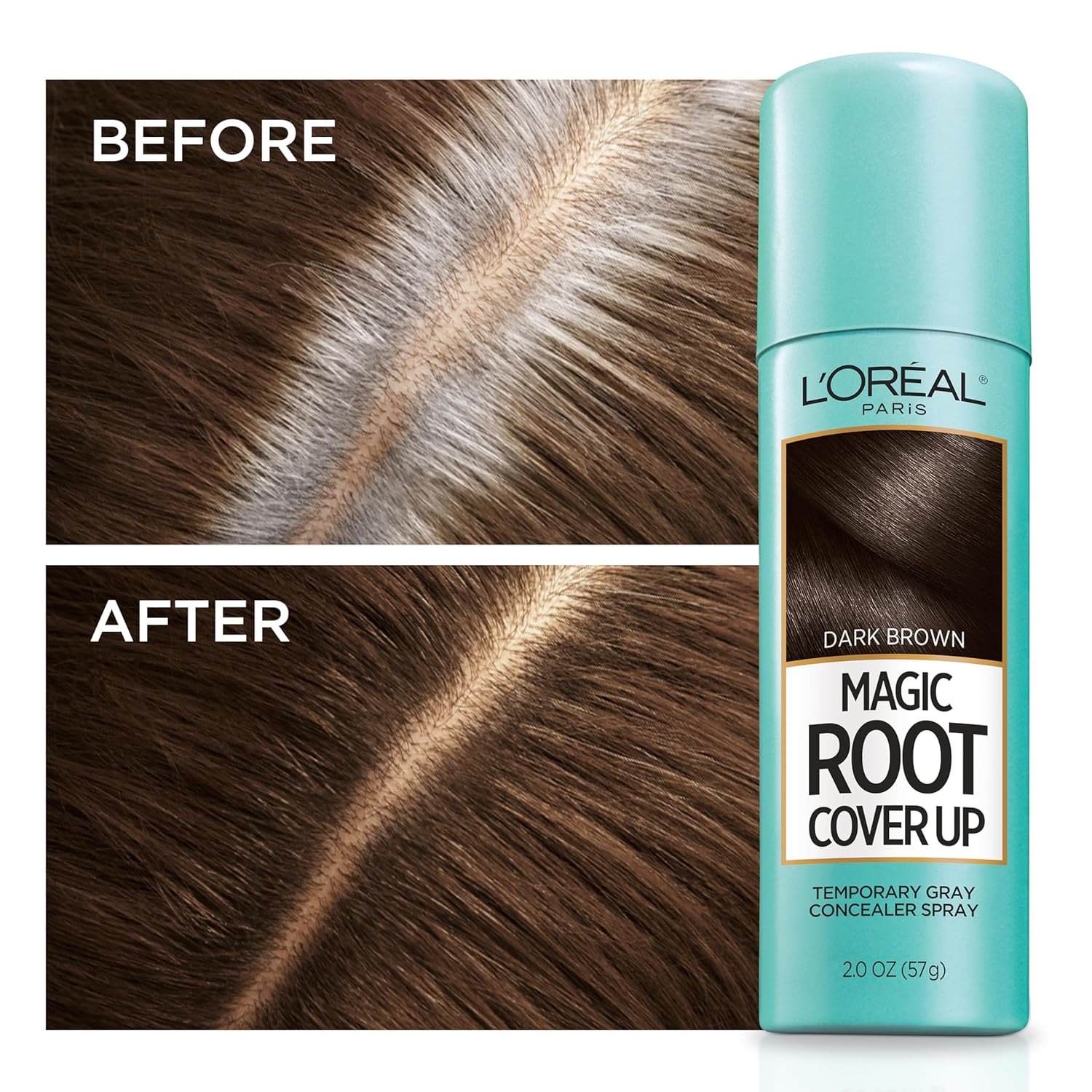 Visually demonstrates the product's ability to conceal gray roots by showing a before and after comparison.